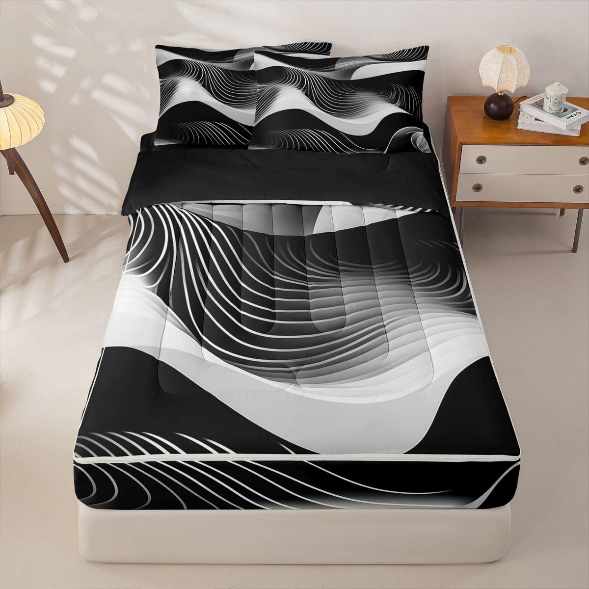 jejeloiu Abstract Art Full Zipper Bedding Set Wavy Contour Lines Kids Comforter Set with Fitted Sheet and 2 Pillowcases Geometric Modern Bed in a Bag Zip Up Bedding Soft Microfiber