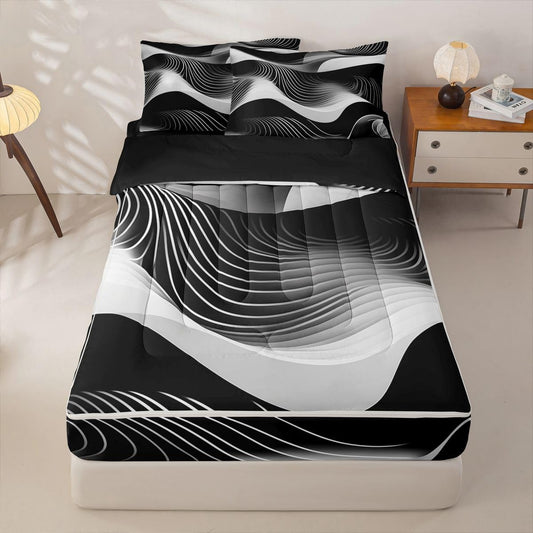 jejeloiu Abstract Art Full Zipper Bedding Set Wavy Contour Lines Kids Comforter Set with Fitted Sheet and 2 Pillowcases Geometric Modern Bed in a Bag Zip Up Bedding Soft Microfiber