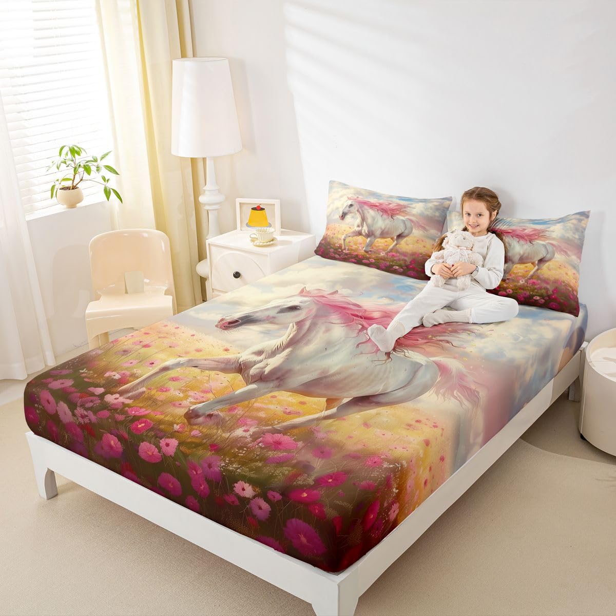 jejeloiu Galloping Horse Bed Sheets Set Queen Size Colorful Flower Deep Pocket Fitted Sheet Rustic Farmhouse Bedding Sets Wild Animal Soft Bed Set 4Pcs with 2 Pillow Cases