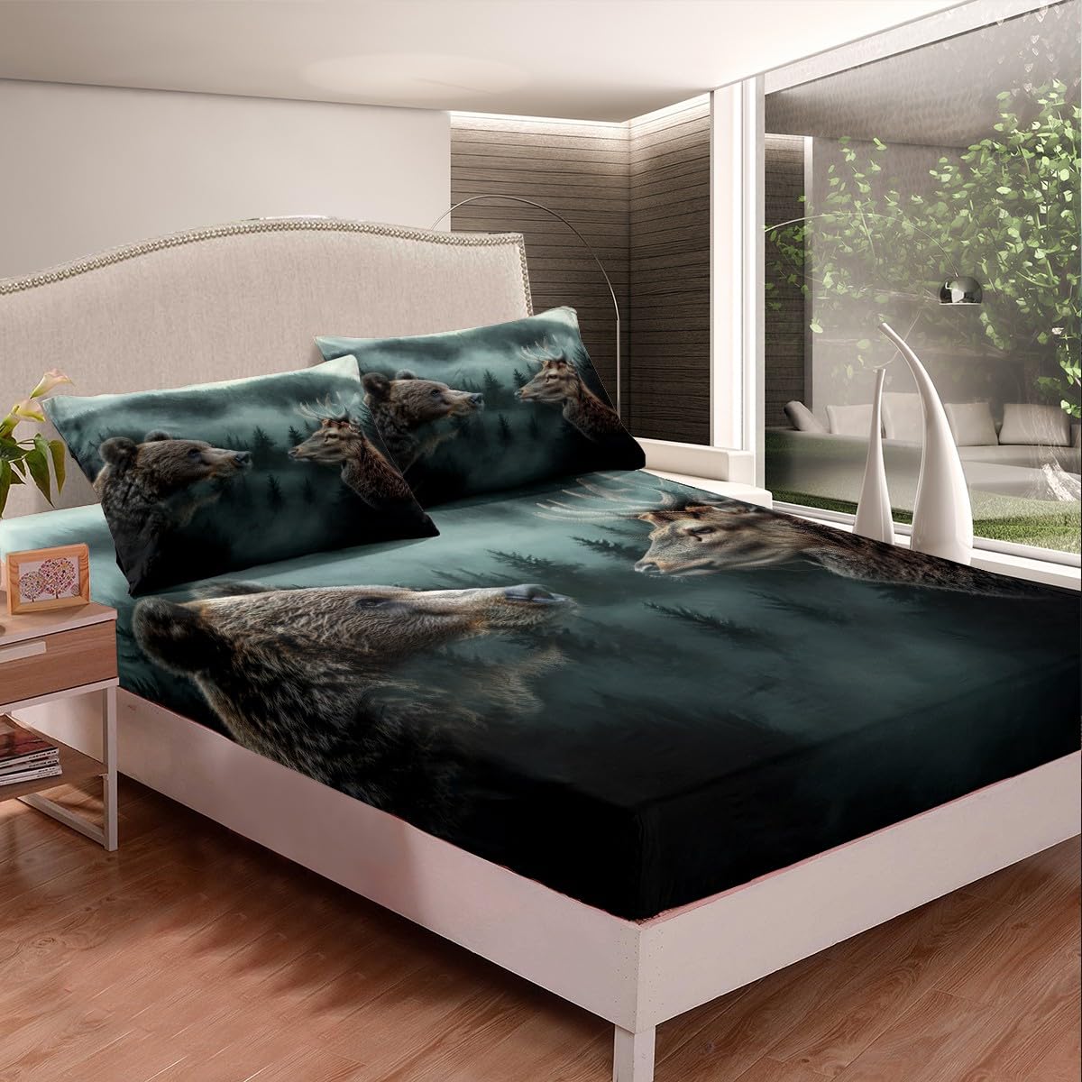 Castle Fairy Bear and Deer Bed Sheets Full Size,Hunting Wild Animals Bedding Set 4Pcs,Jungle Pine Tree Fitted Sheet for Kids Boys Men Adult Room Decor,Camping Adventure Top Flat Sheet,2 Pillowcases