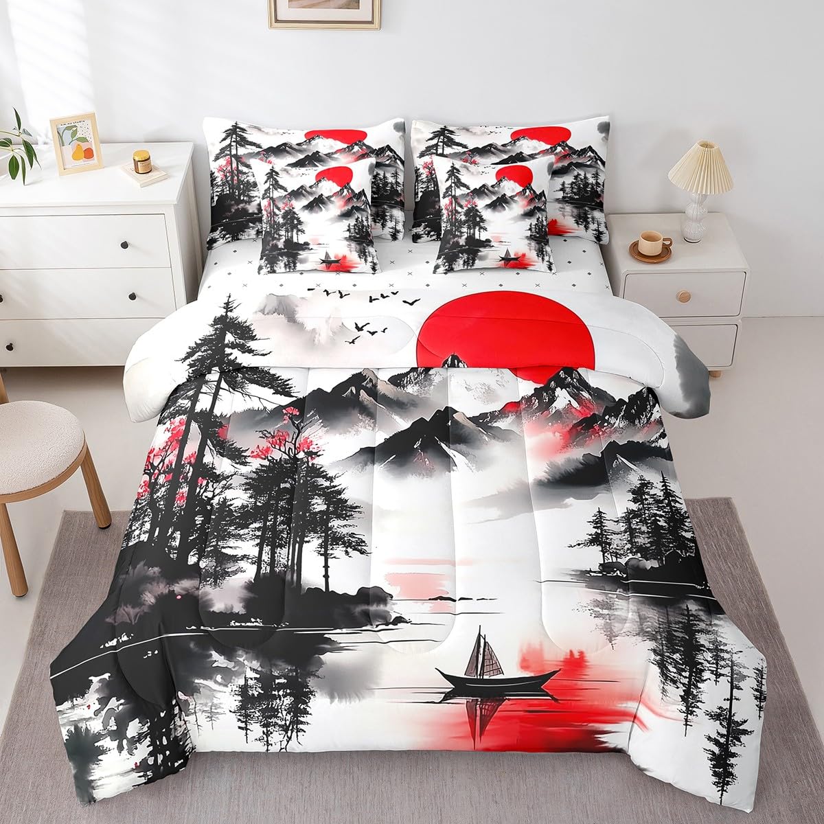 Erosebridal Oriental Style Queen Comforter Set 7 Piece,Rustic Mountain Themed Bedding Set with Sheets,Red and Black Aesthetic Bed Set Nature Scene Bed in a Bag with Fitted+Flat Sheet,Pillowcases