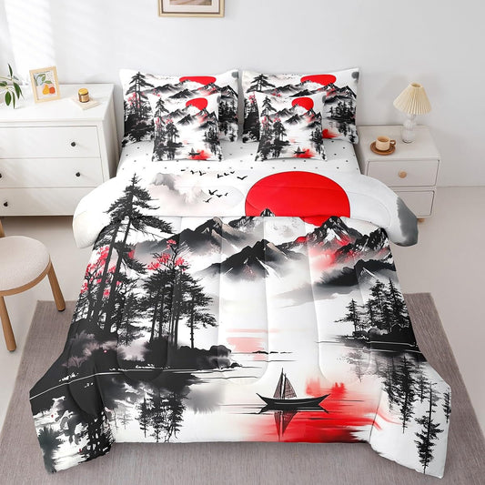 Erosebridal Oriental Style Queen Comforter Set 7 Piece,Rustic Mountain Themed Bedding Set with Sheets,Red and Black Aesthetic Bed Set Nature Scene Bed in a Bag with Fitted+Flat Sheet,Pillowcases