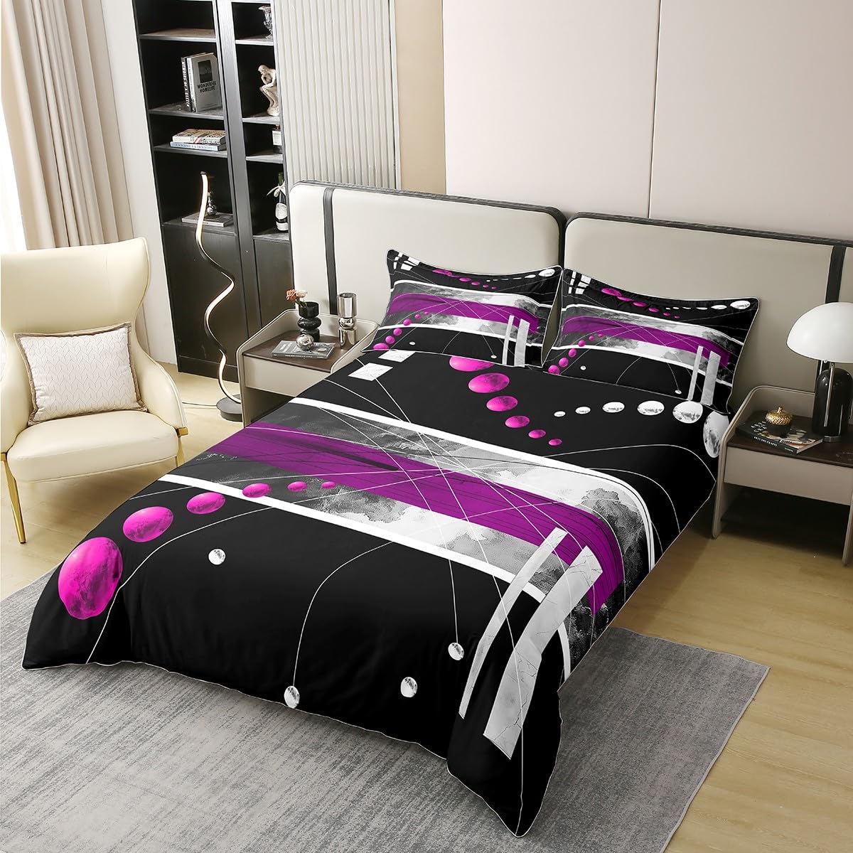 jejeloiu Purple Coal Black Duvet Cover 100% Cotton King Size Kids Abstract Geometric Comforter Cover for Boys Girls Teens Modern Art Bedding Set Breathable Soft Room Decor