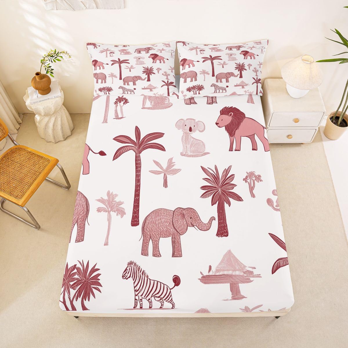 Erosebridal Jungle Animals Sheet Set Full Red Pink Bed Sheets for Kids Boys Girls African Safari Animal Flat Fitted Sheet Elephant Lion Giraffe Animal Sheets 3 Pcs