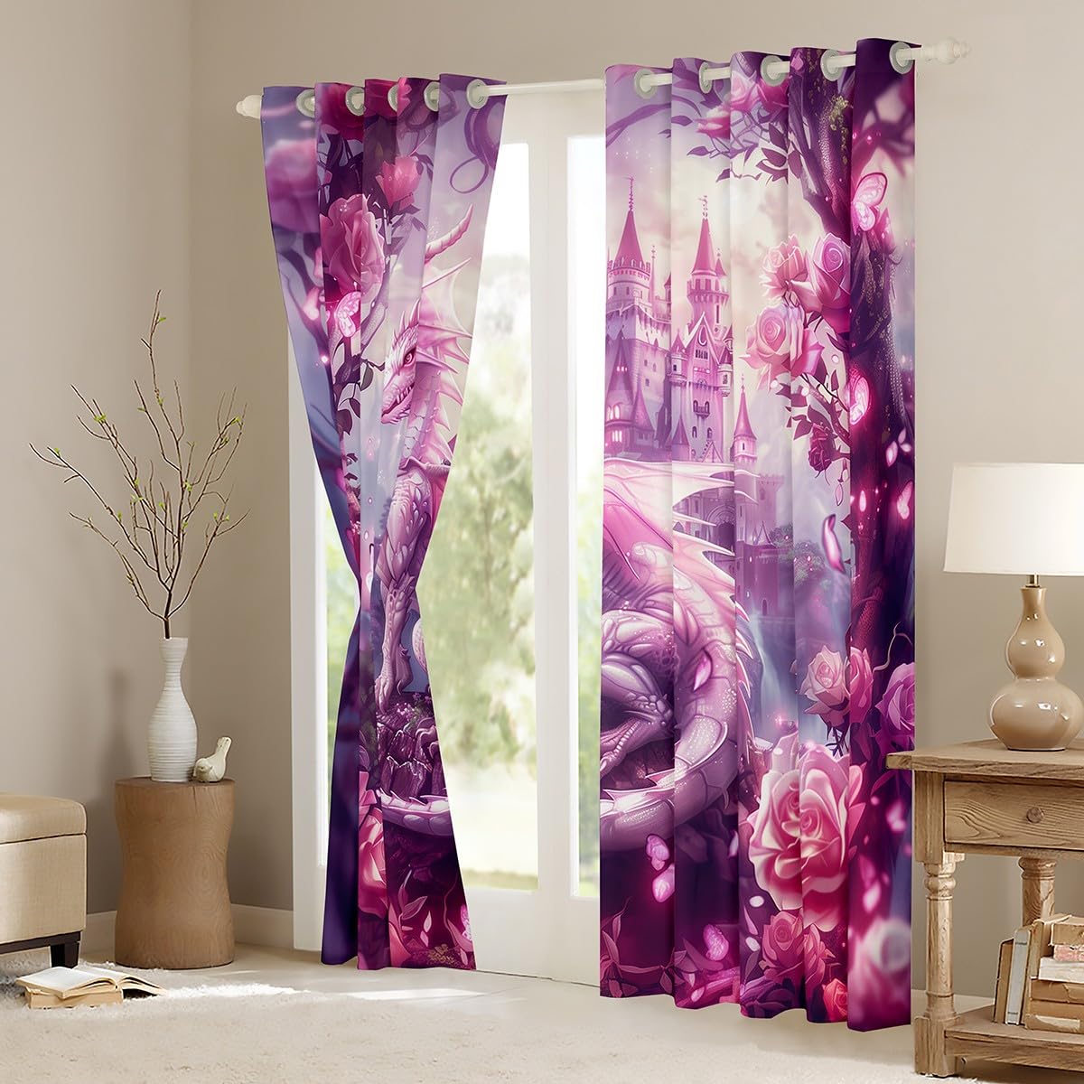 Manfei Dragon Kids Blackout Curtains,Tale Castle Dragon Theme Window Drapes for Girls Boys,Roses Flowers Butterfly Romantic Pink Dreamy Window Treatments Grommet Top 2 Panel Set,52Wx63L inch