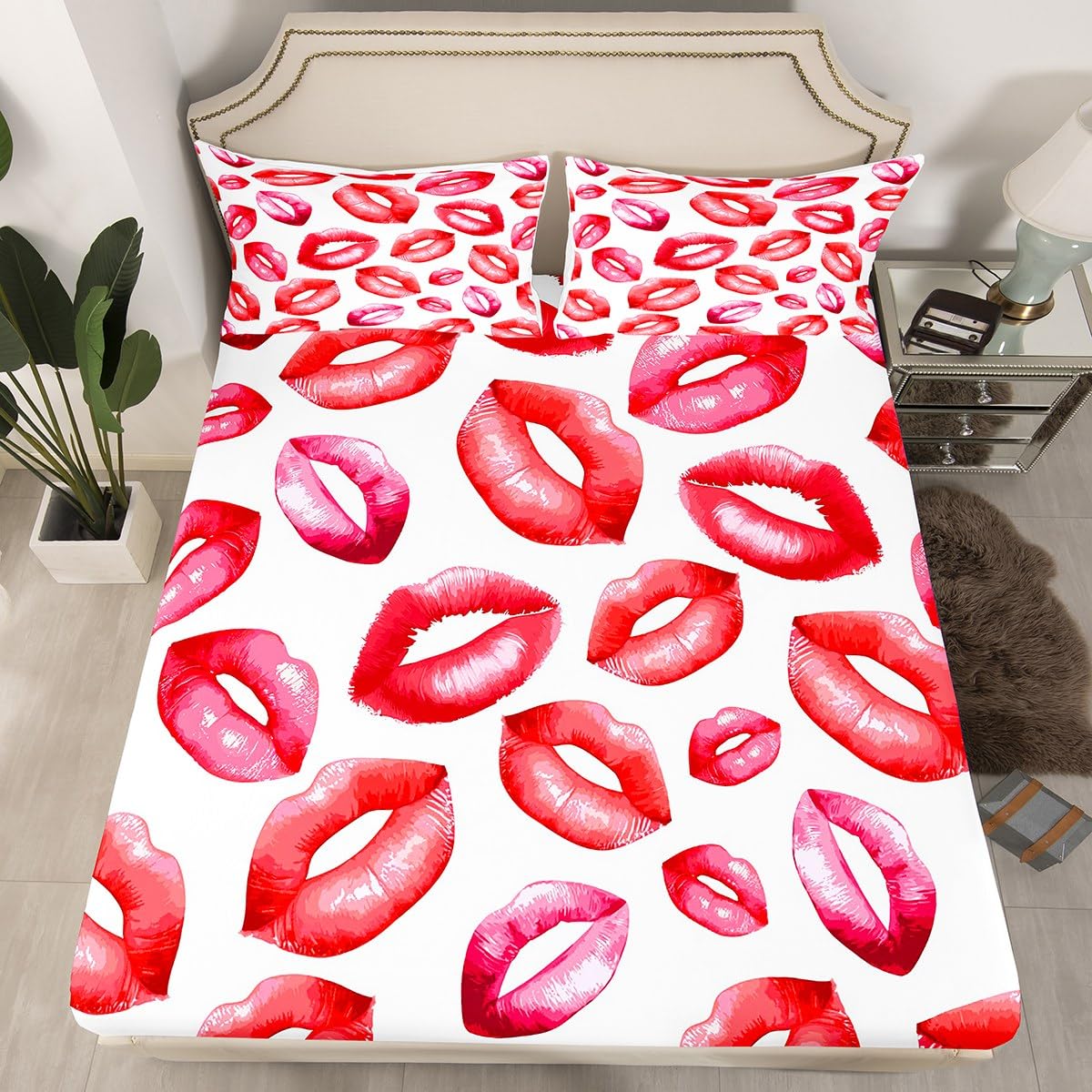 Feelyou Sexy Lips Bed Sheet Set for Girls Woman Kiss Fitted Sheet Feminine Red Lips Bedding Set Lipstick Print Bed Cover Luxury Bedroom Decor 3Pcs Sheets Queen Size Red White
