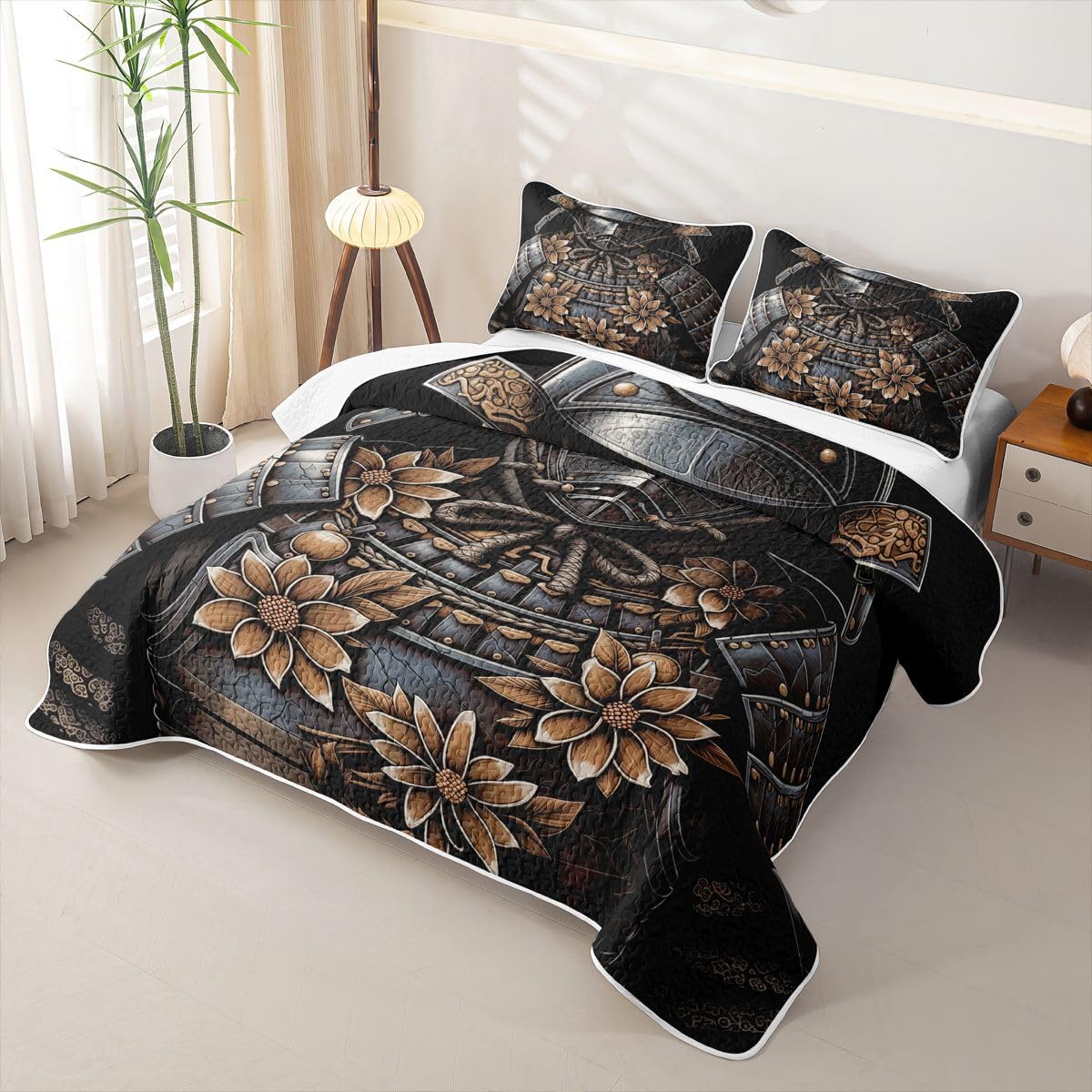 Erosebridal Japanese Samurai Quilts Twin Size - Armor Bedspread Coverlet Set, Ancient Japanese Style Quilt Coverlets 2Pcs (Only 1 Pillowcase)