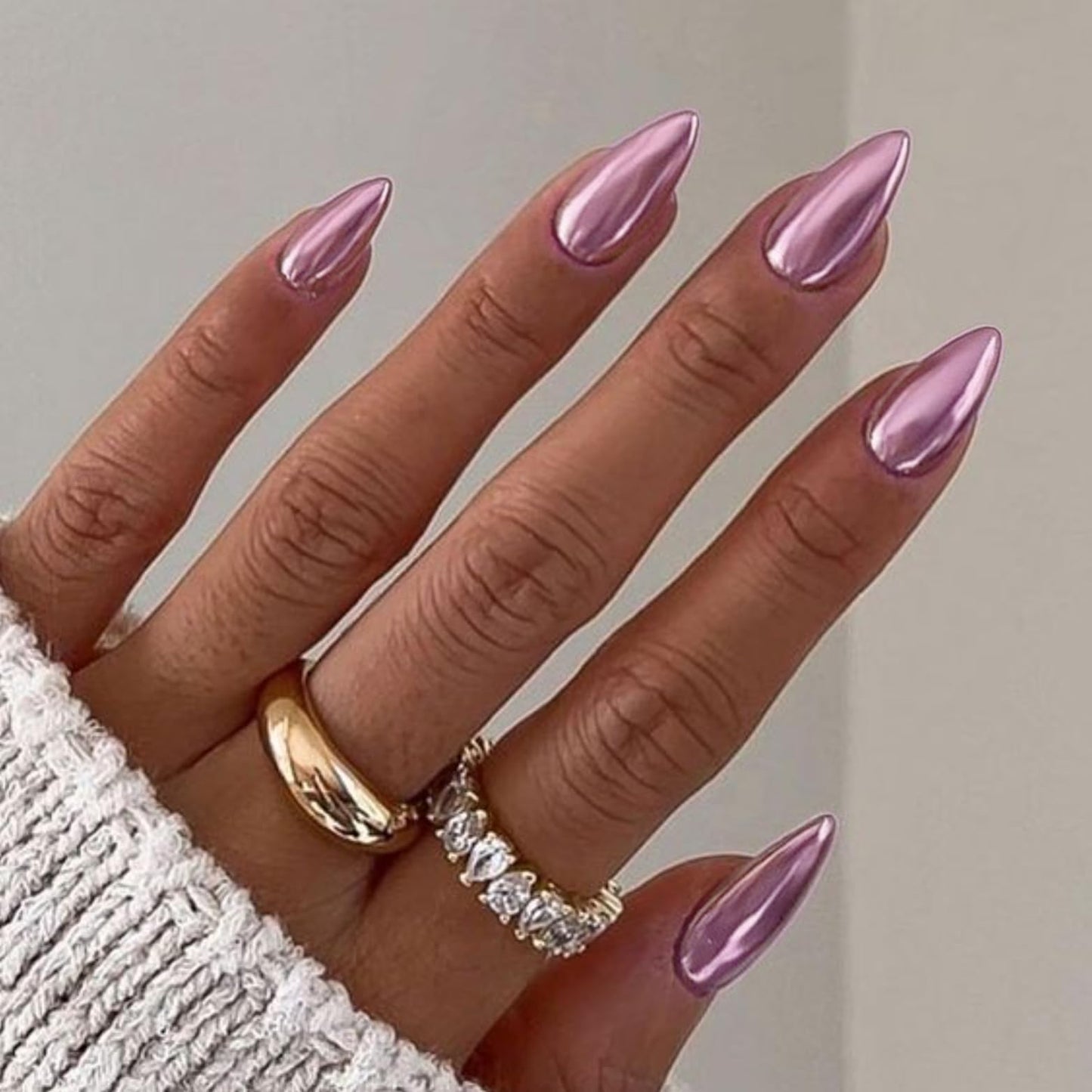 Baby Pink Chrome Press on Nails Medium Almond, KQueenest Mirror Metal Stiletto Fake Acrylic Nails with Bling Design, Reusable Glue on Nails for Daily Party Wear, False Nails Press ons in24 PCS