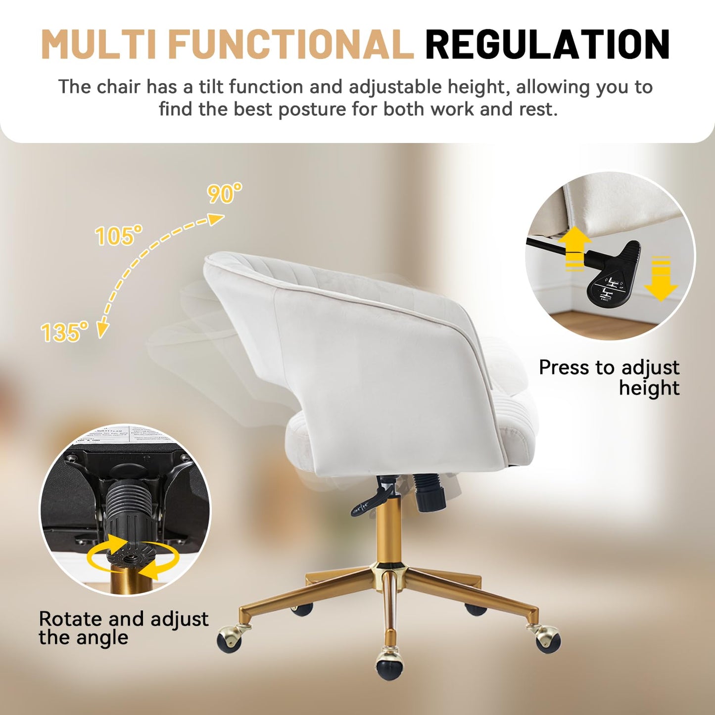 FENFSHE Home Office Desk Chair, Vanity Chair with Back 360 Swivel Armchair and Gold Base, Velvet Criss Cross Chair with Wheels for Vanity Home Office, Living Room, Bedroom and Study (Beige)
