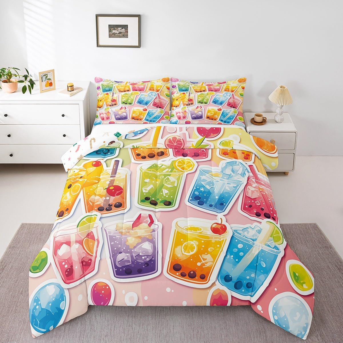 Erosebridal Kawaii Boba Tea Bedding Set Queen Size,Bubble Tea Comforter Set Funny Gifts for Kids Teen Girls,Fruit Print Quilt Bed Set Cute Rainbow Bed Comforter Sets with 2 Pillowcases Room Decor