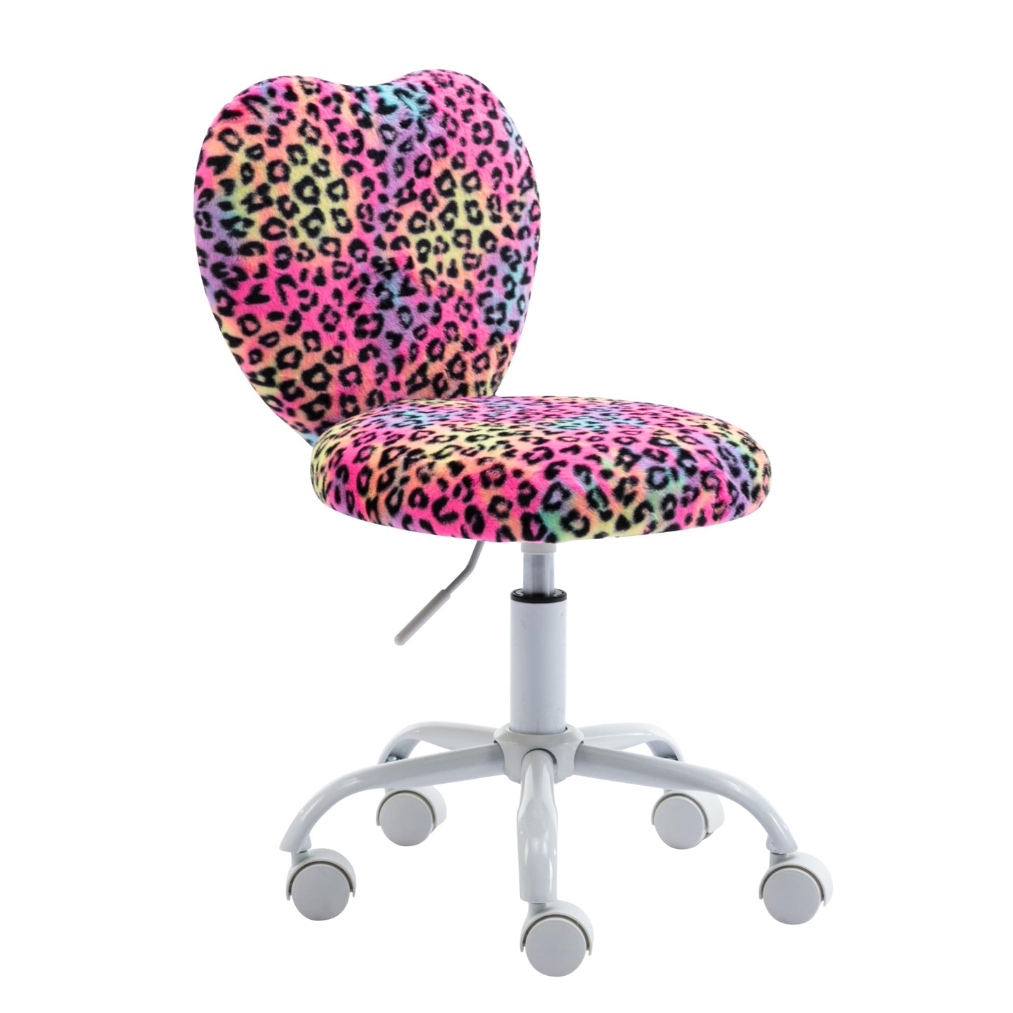 DM Furniture Cute Fuzzy Kids Chair Rolling Study Desk Chair Furry Studing Computer Task Chair Faux Fur Swivel Vanity Chair for Girls Boys Bedroom, Red Leopard