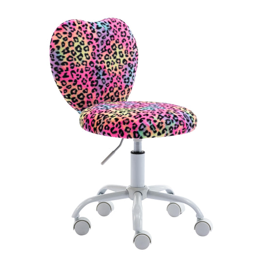 DM Furniture Cute Fuzzy Kids Chair Rolling Study Desk Chair Furry Studing Computer Task Chair Faux Fur Swivel Vanity Chair for Girls Boys Bedroom, Red Leopard