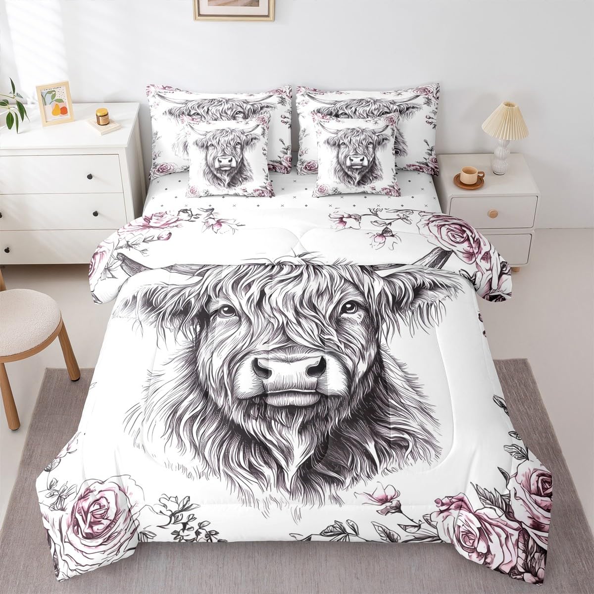 jejeloiu Highland Cow Comforter Set with Sheets 7 Piece Twin Size Highland Cattle Bedding Set for Kids Boys Girls Animal Bed in a Bag Room Decor Soft Lightweight Microfiber