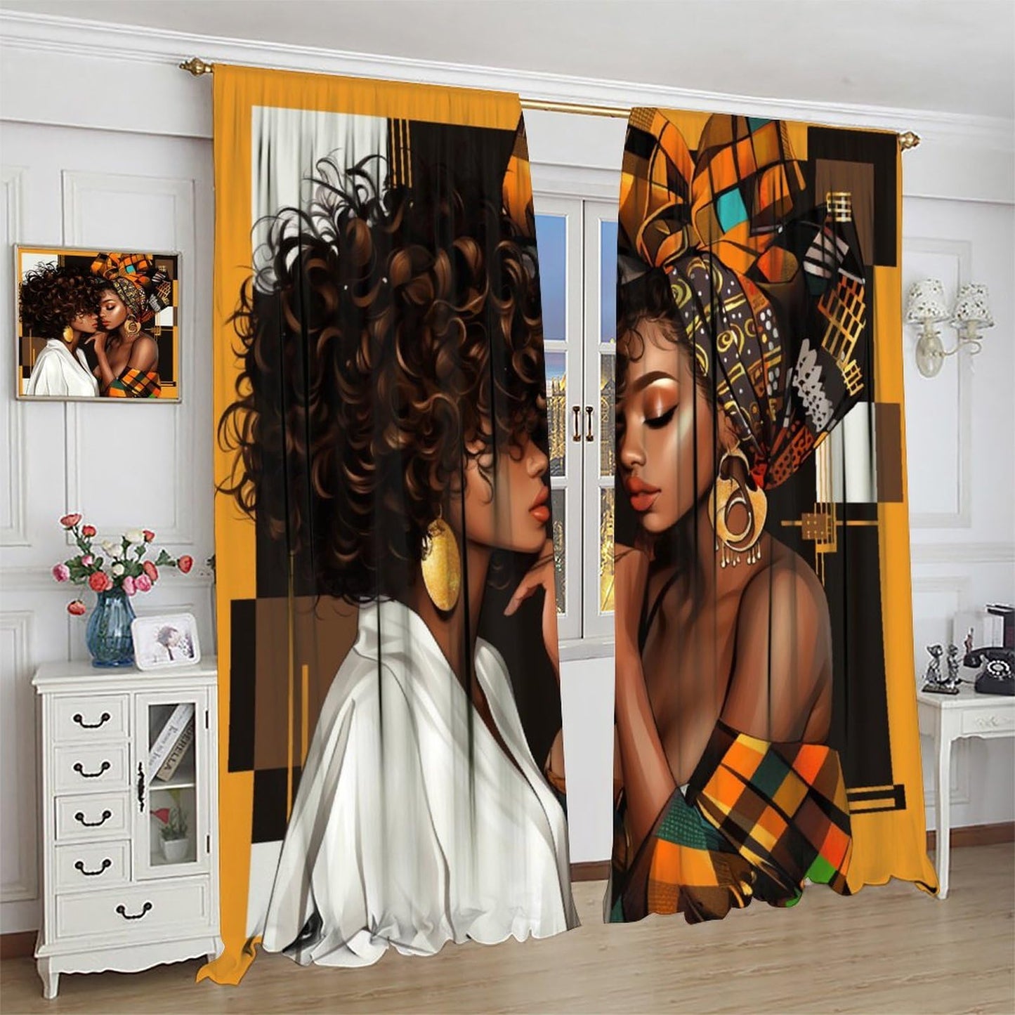 African Women Curtains Native Fashion Black Girl Headscarf Pattern Blackout Print Rod Pocket Window Drapes for Bedroom Living Room 42x45in