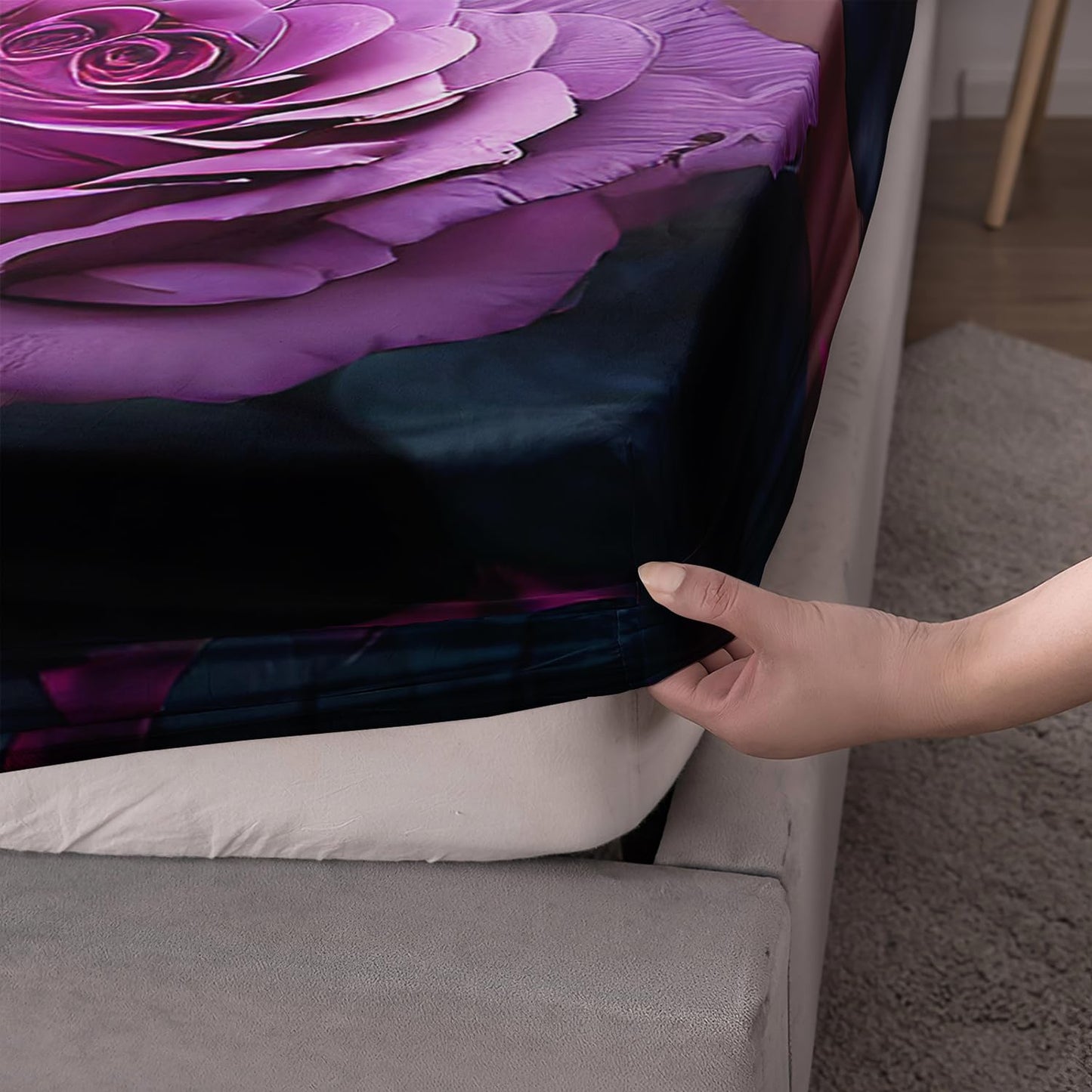 AILONEN 3D Rose Bedding Set Queen Size, Beautiful Rose Floral Print Fitted Sheet Set,Romantic Flowers Bed Sheet for Girls Women Bedroom Decor,Pink Rose Fitted Sheet with 2 Pillow Case,3-Piece