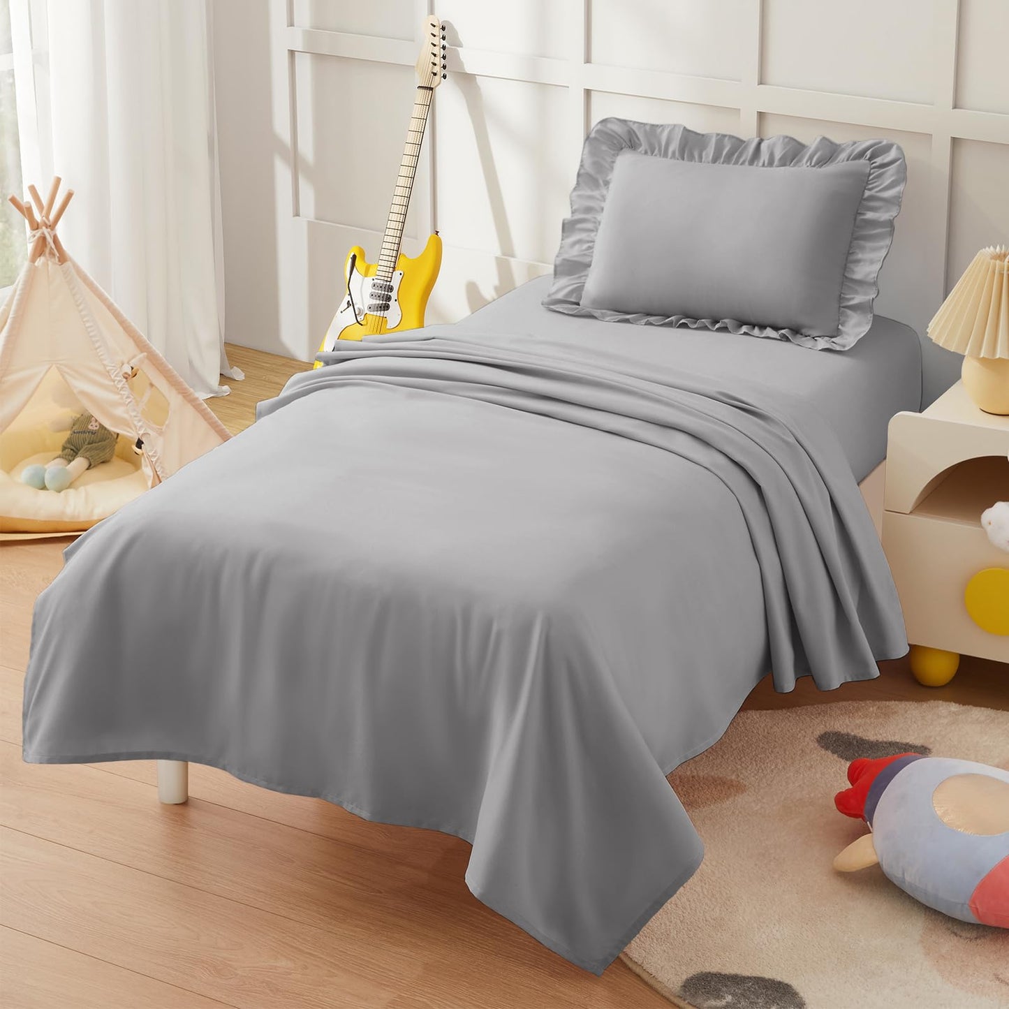KKJIAF 3 Piece Toddler Sheet Set Microfiber, Includes a Flat Sheet, a Fitted Sheet and a Ruffle Pillowcase, Grey