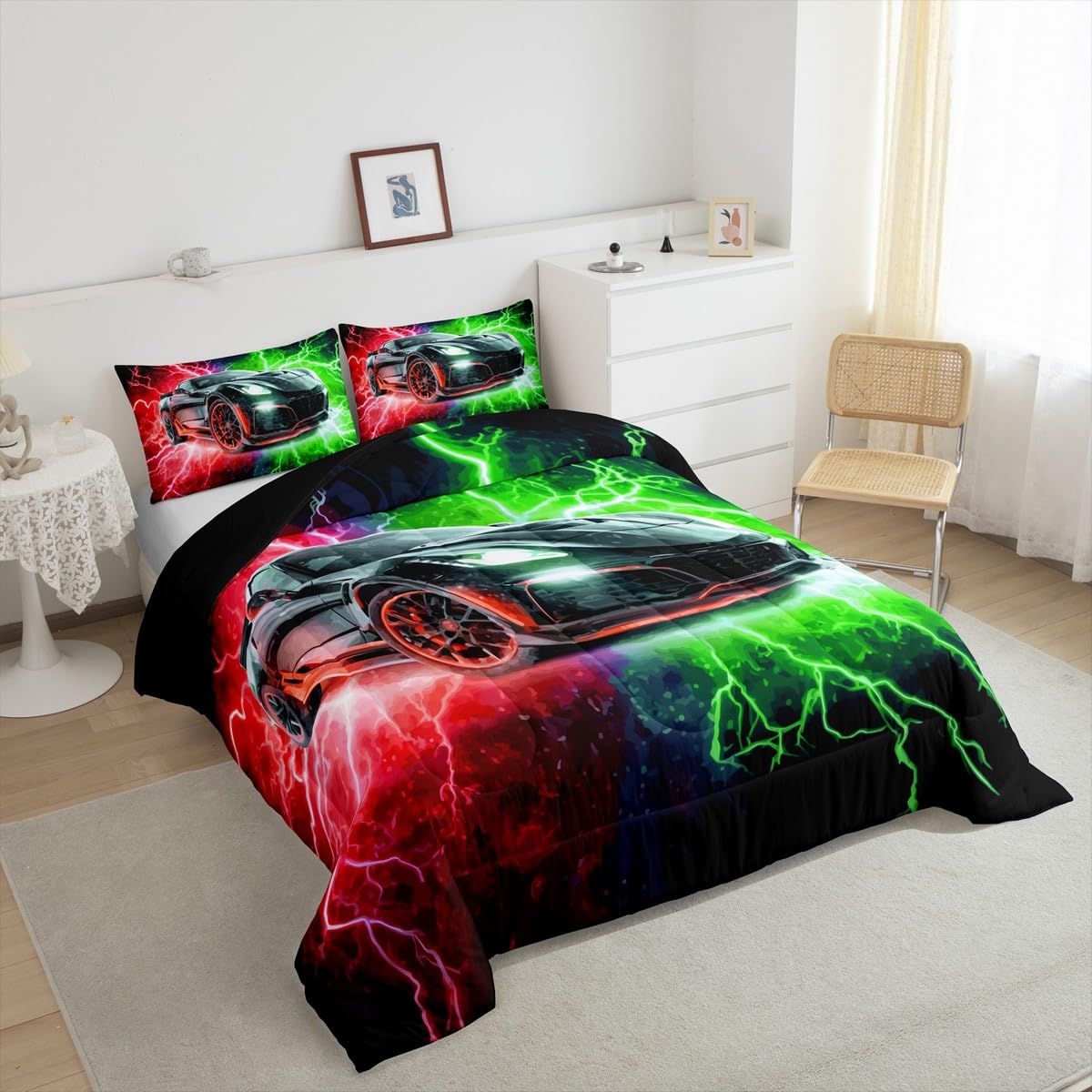 jejeloiu Racing Car Bedding Set Soft for Boys Girls, Race Car Comforter Set Twin Size Extreme Sports Duvet Quilt Microfiber Red Green Bedroom Decor 2 Pcs with 1 Pillow Cases
