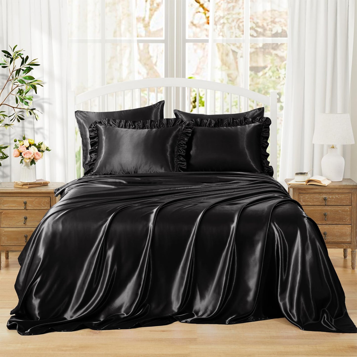 Homiest Ruffled Satin Sheets Full Size 6pc Set - Black Bed Sheet Set with 15 Inch Deep Pocket Fitted Sheet, 1 Flat Sheet, 2 Ruffled Pillow Shams & 2 Pillowcases, Similar to Silk Sheets