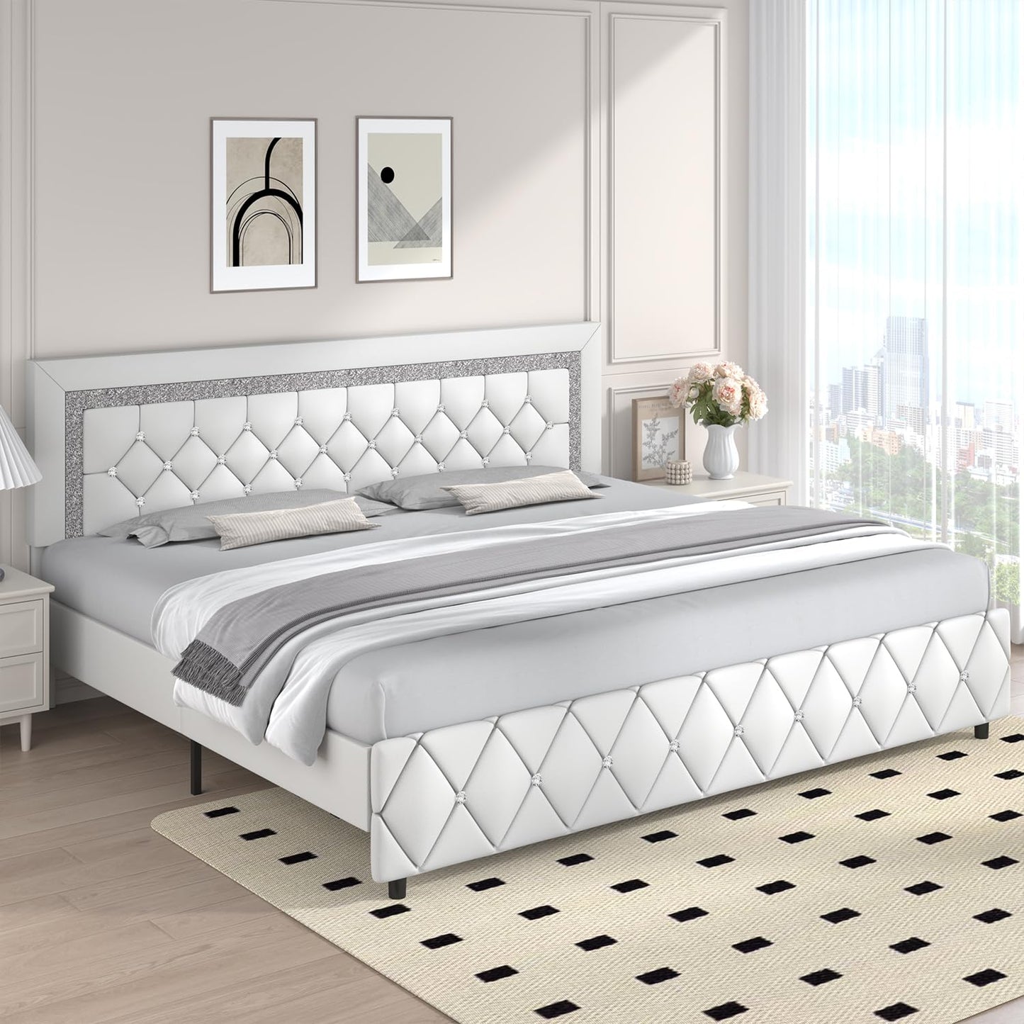 King Bed Frame, Faux Leather Platform Bed with Upholstered Diamond Headboard, Mattress Foundation with Strong Wooden Slats Support, No Box Spring Required, Easy Assembly, White