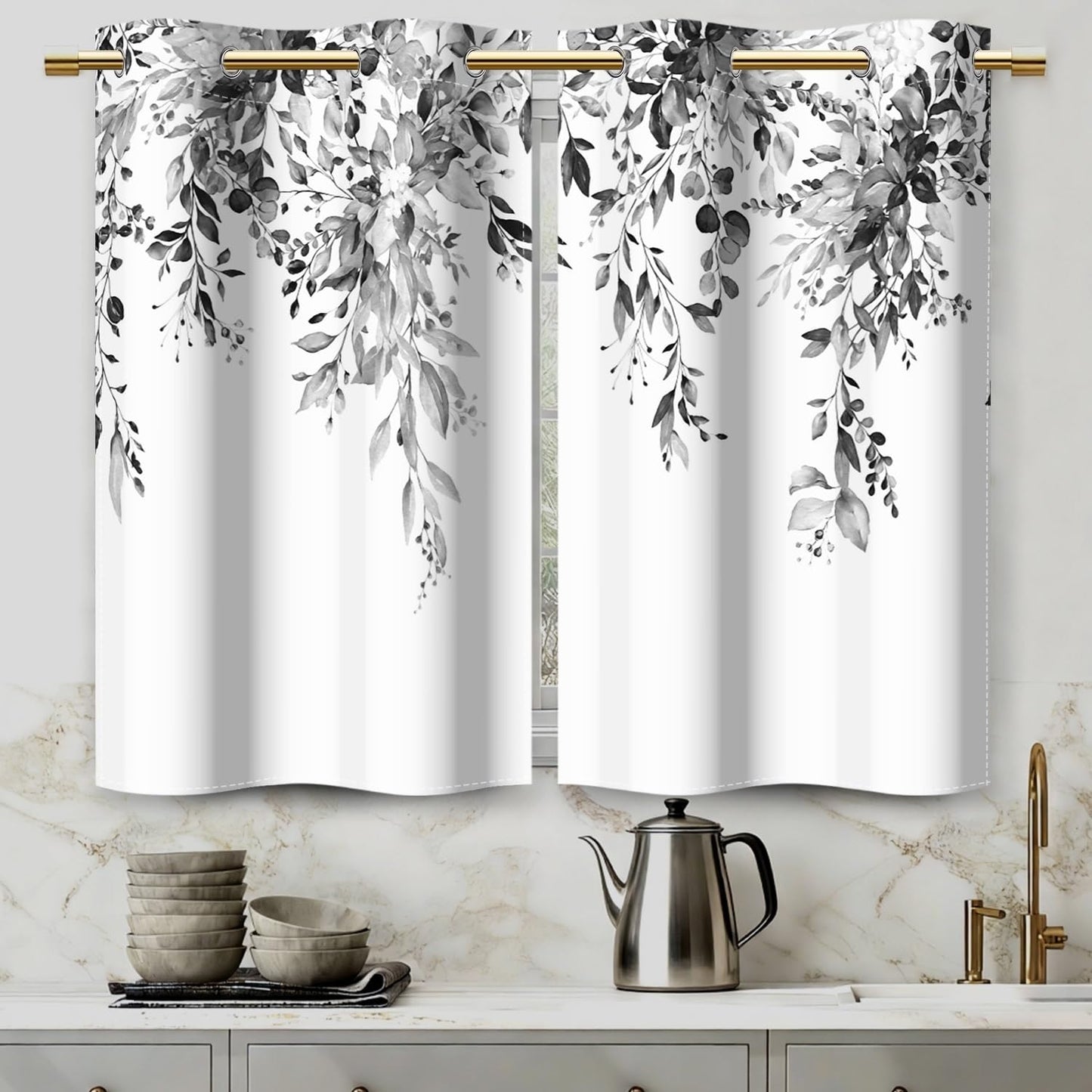 Ruelvth Grey Eucalyptus Kitchen Curtains, Small Spring Watercolor Leaves Blackout Curtains Short Cafe Tier Curtains for Dining Room RV Windows 26x36 Inch, 2 Panels