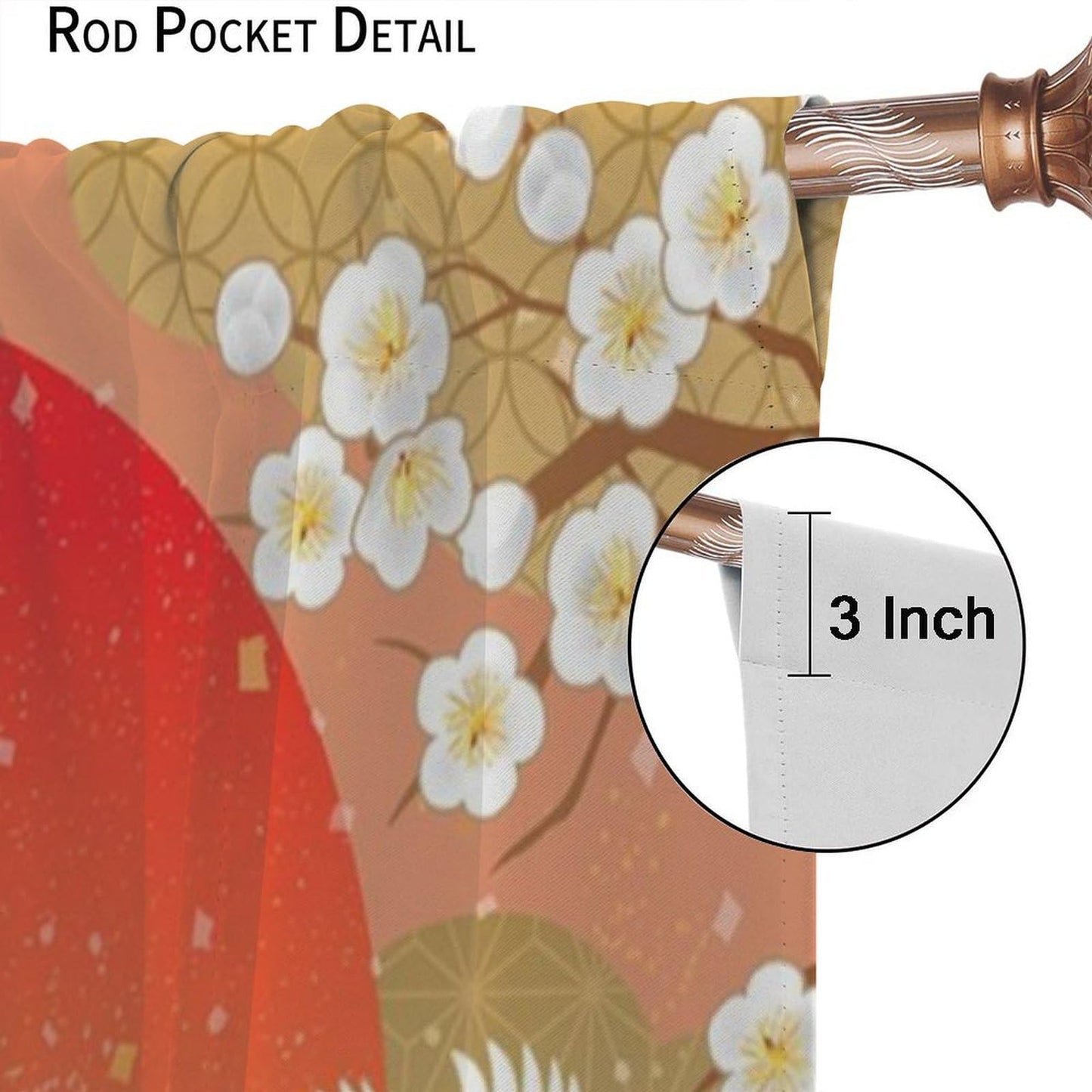 Japanese Floral Crane Curtain, Orange White Plum Blossom Flying Cranes Teal Waves Red Sunset Theme Print Decor Rod Pocket Window Drapes, for Bedroom Living Room 42" W X 45" L