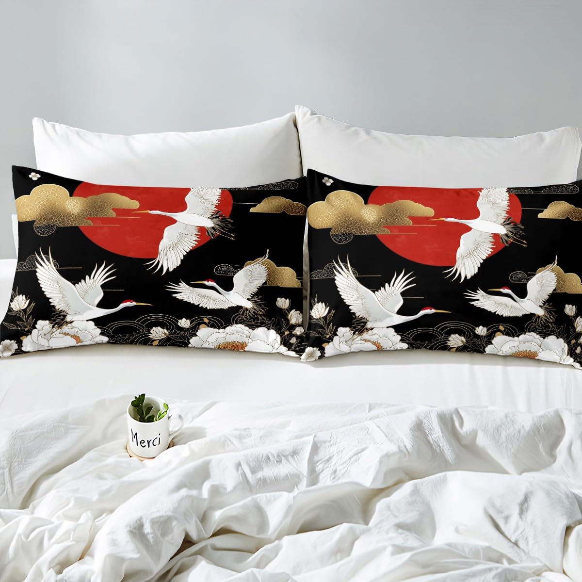 Feelyou Japanese Crane Bedding Sheets Full Black Gold Ukiyoe Theme Bed Sheet Set for Adult Kids Asian Anime Fitted Sheet Wild Animal Bed Cover 3Pcs,1 Fitted Sheet+2 Pillow Sham（No Flat Sheet）