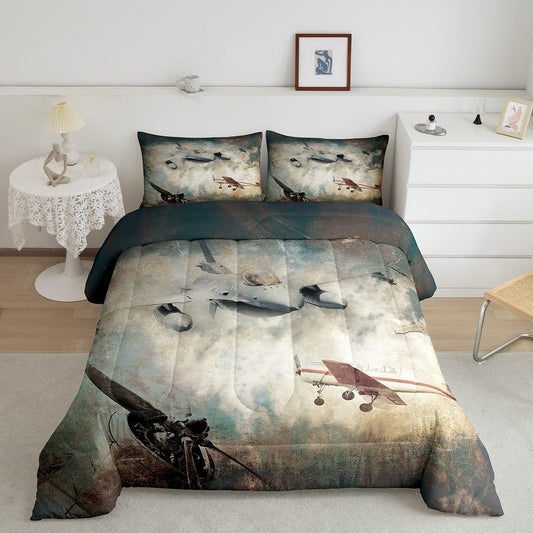 Airplane Bedding Comforter Sets Vintage World War Military Aircraft Comforter Set for Boys Teenagers Young Man Youth, Fighter Plane Bomber Jets Bedding Soldier Air force Theme Duvet Set Queen