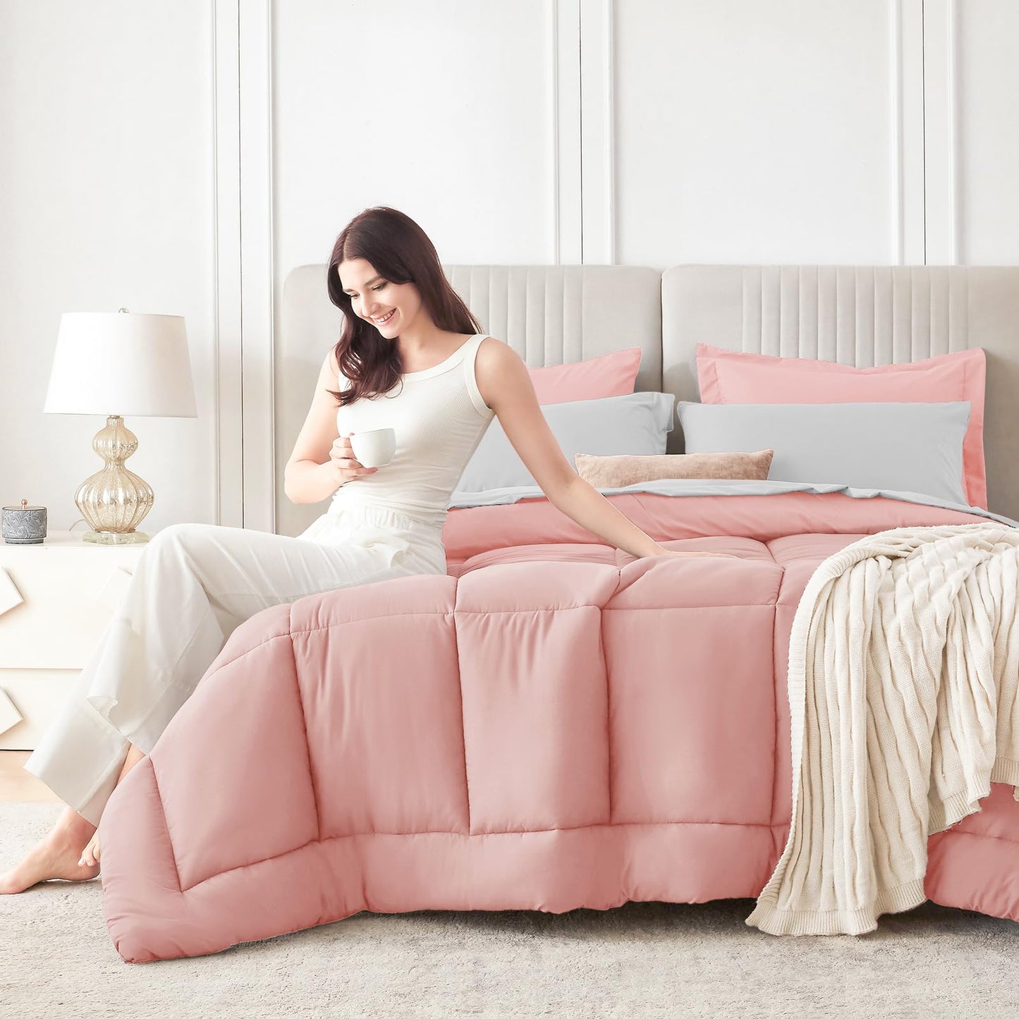 Sasttie Queen Comforter Set, 7 Pieces Reversible Bed in a Bag Queen, Complete Bedding Set Includes Comforter, Flat Sheet, Fitted Sheet, Pillowcases and Pillow Shams, Pink & Light Grey