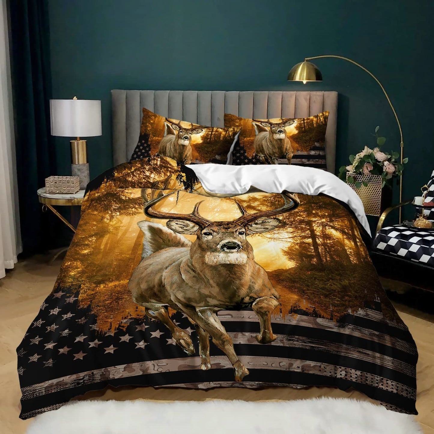 CVHOUSE Deer Hunting Duvet Cover Queen Size,American Flag Bedding Set,Deer Theme Comforter for Boys Kids Teens,1 2 Pillowcases 3 Piece Queen 89'x89'