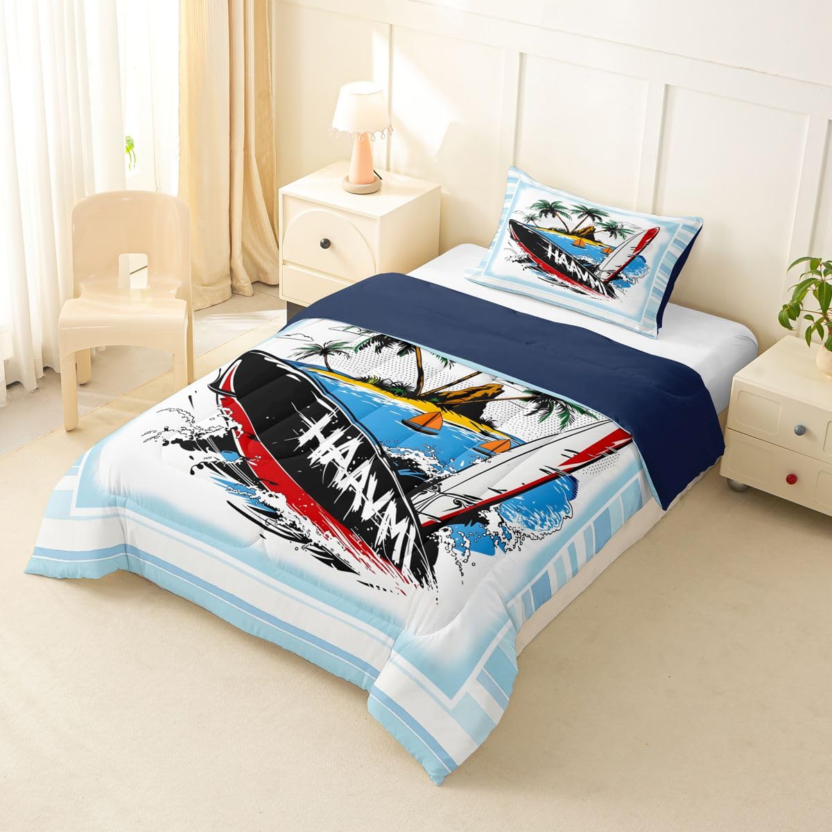 Erosebridal Hawaii Surfboard Toddler Comforter Set Retro Tropical Surfing Sport Bedding Set Summer Surf Fresh Striped Comforter,Beachy Room Decor Aesthetic Quilt Duvet
