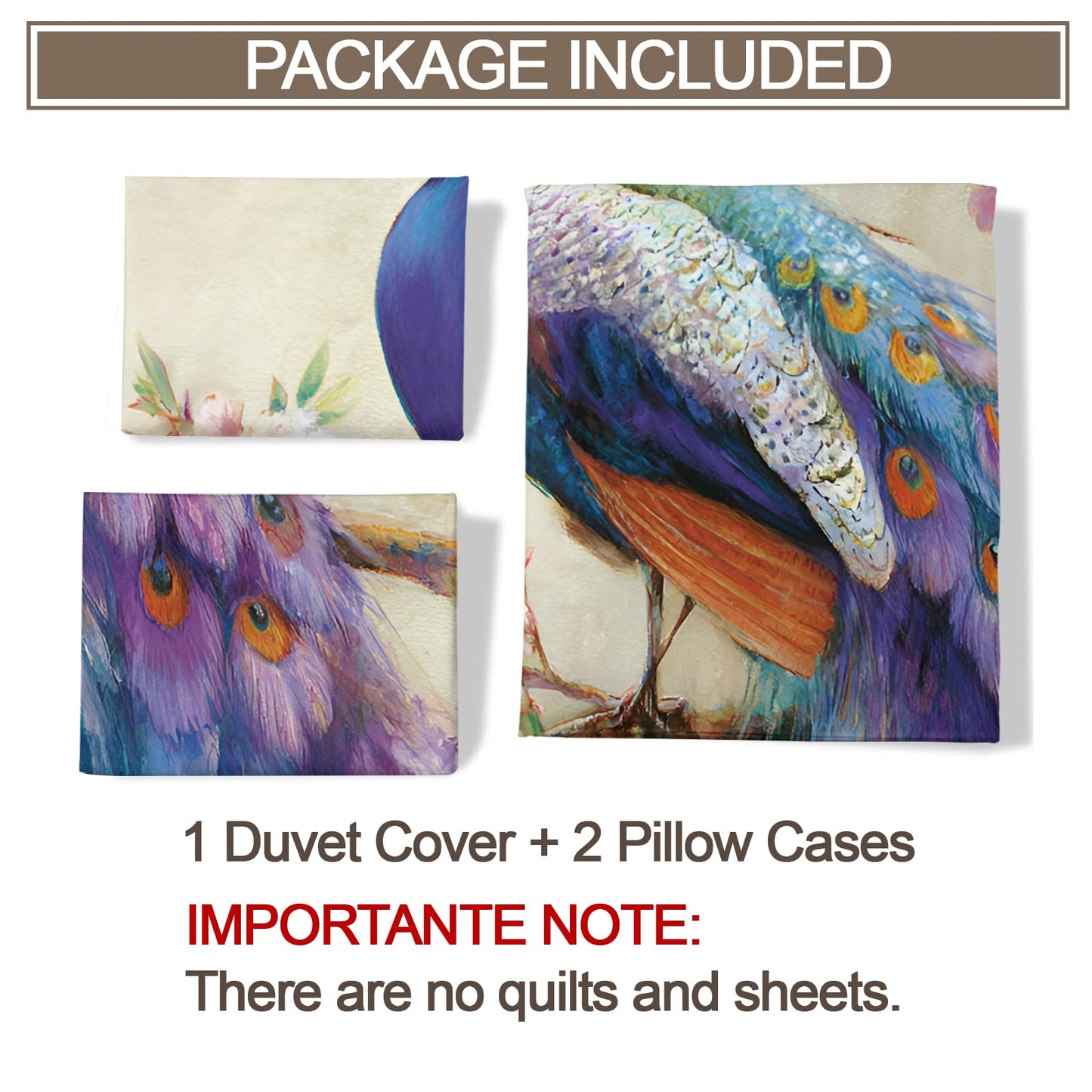 Peacock Duvet Cover Twin Size, Purple Peacock Feather Comforter Cover 68" x 90" & 2 Pillowcases, Fantasy Birds Bedding Set with Zipper Ties