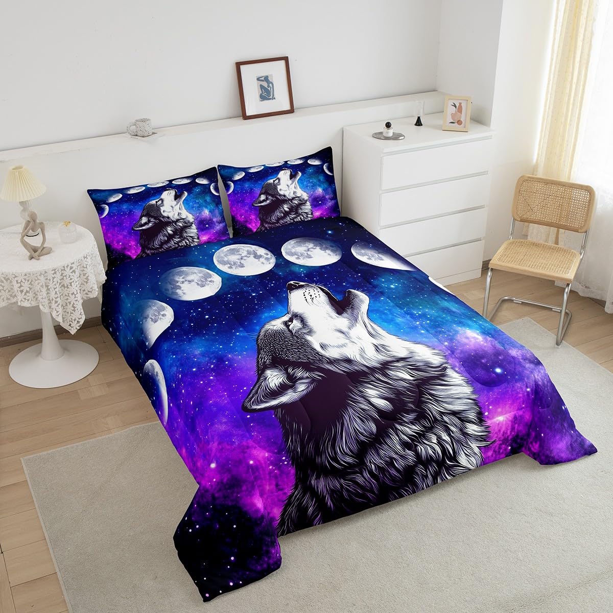 Erosebridal Howling Wolf Quilted Duvet Blue Purple Starry Sky Bedding Set Full Size,Galaxy Series Comforter Set for Child Teens Youth Man,Stars Moon Duvet Filler Wild Animal Themed Room Decor