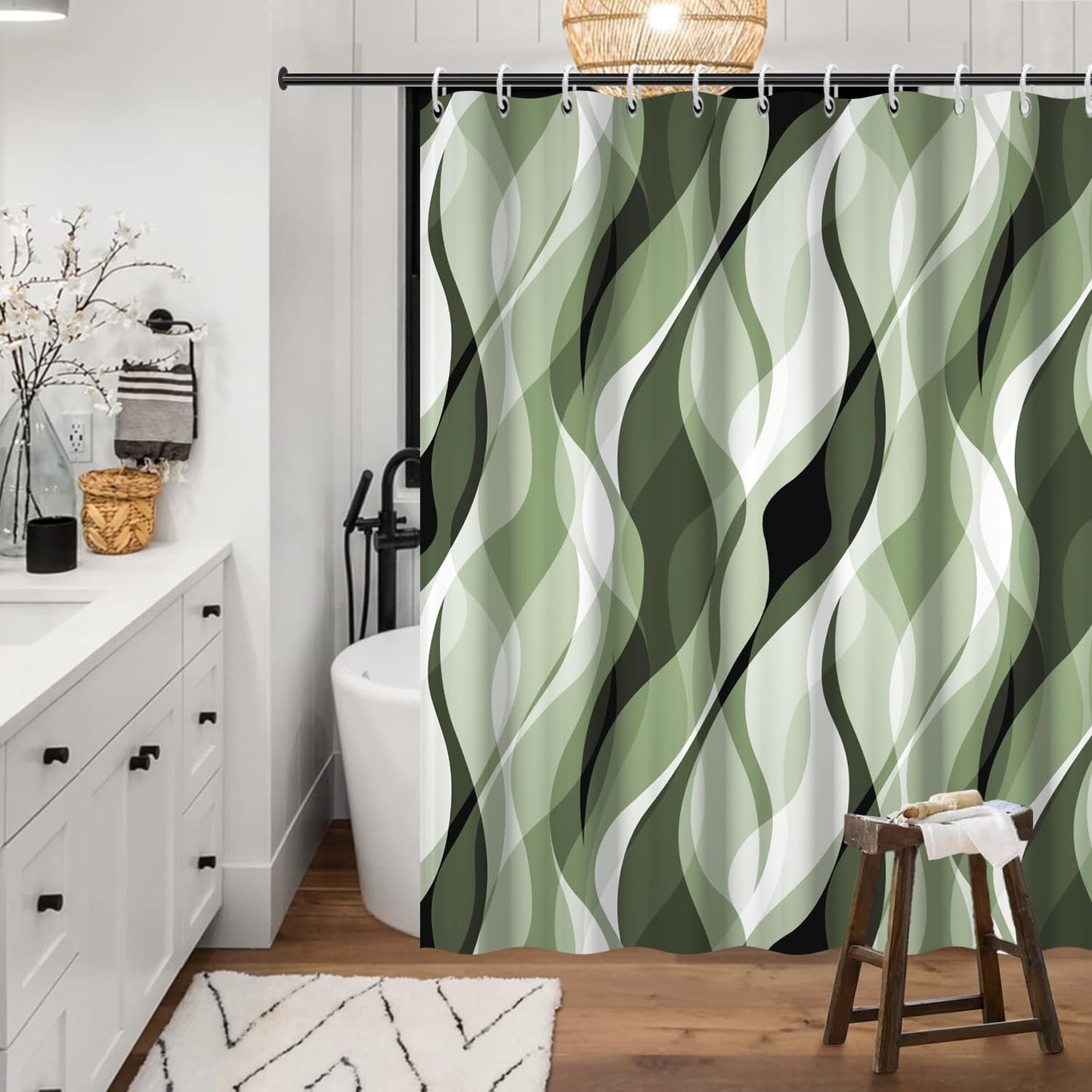 Ruelvth Sage Green Shower Curtain, Abstract Ombre Green and Grey Striped Shower Curtain Set for Bathroom Waterproof Polyester Shower Curtain with Hooks, 72x72 Inch