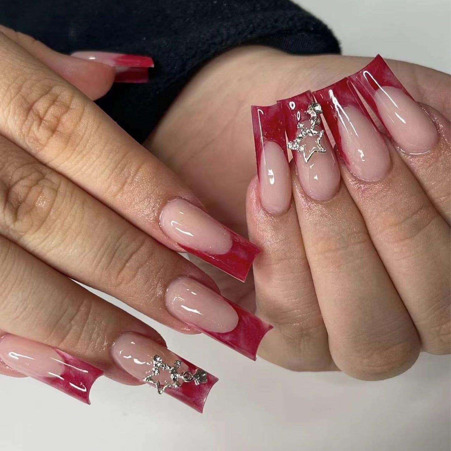 BABALAL Long Square Press on Nails Red French Tip Fake Nails 3d Star Nail Charm Acrylic Nails 24pcs Squoval Artificial False Nail for Women and Girls