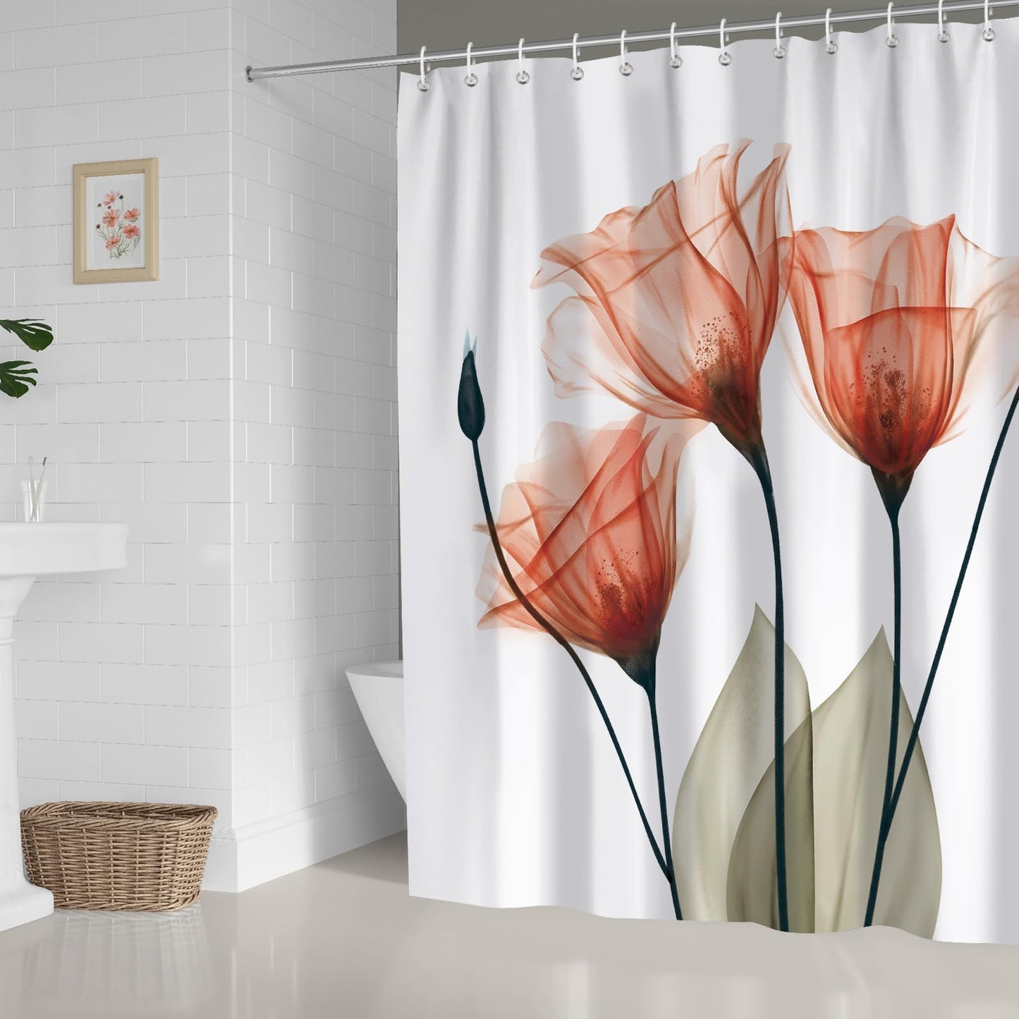 ZCHOMI Orange Floral Shower Curtain Watercolor Tulip Flower Shower Curtains for Bathroom Waterproof Polyester Fabric Bathroom Curtain 72 x 72 Inch with 12 Hooks