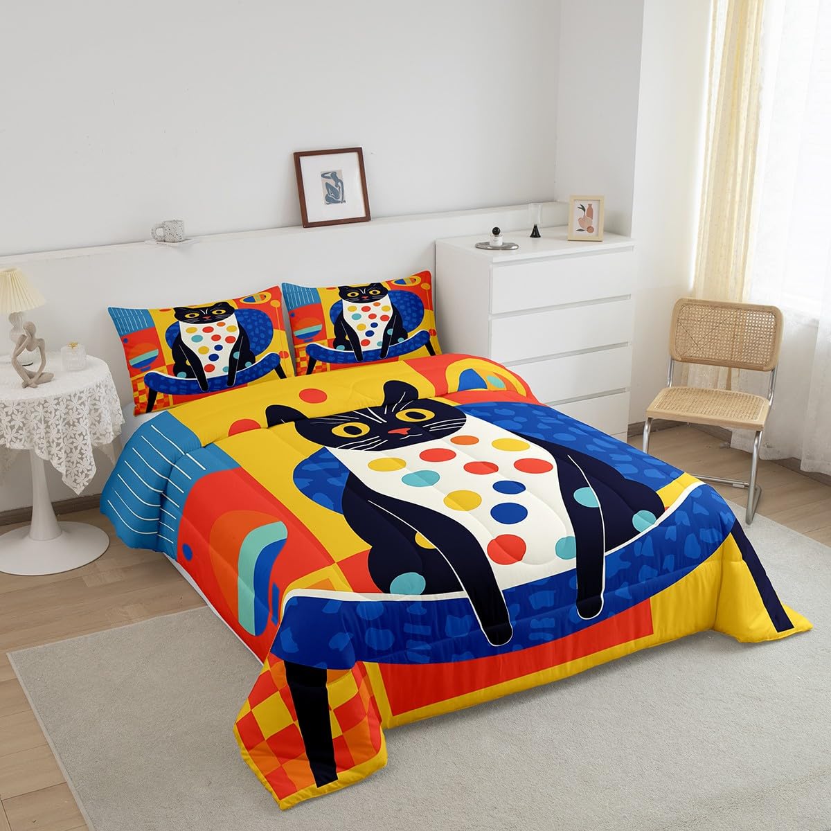 Funny Cat Comforter Set Queen Size,Graffiti Funny 3D Animal Theme Bedding Set for Kids Girls Boys Room Decor,Blue and Yellow Plaid Print Quilt Set 3Pcs,Cartoon Pet Animals Duvet Insert,2 Pillowcases