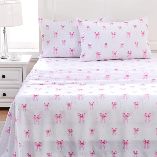MICORAL Boho Floral Queen Sheet Set, 4-Piece Printed Botanical Bed Sheets, 16" Deep Pocket, Ultra Soft & Cooling Sheet, Oeko-TEX Certified, Pink Bow