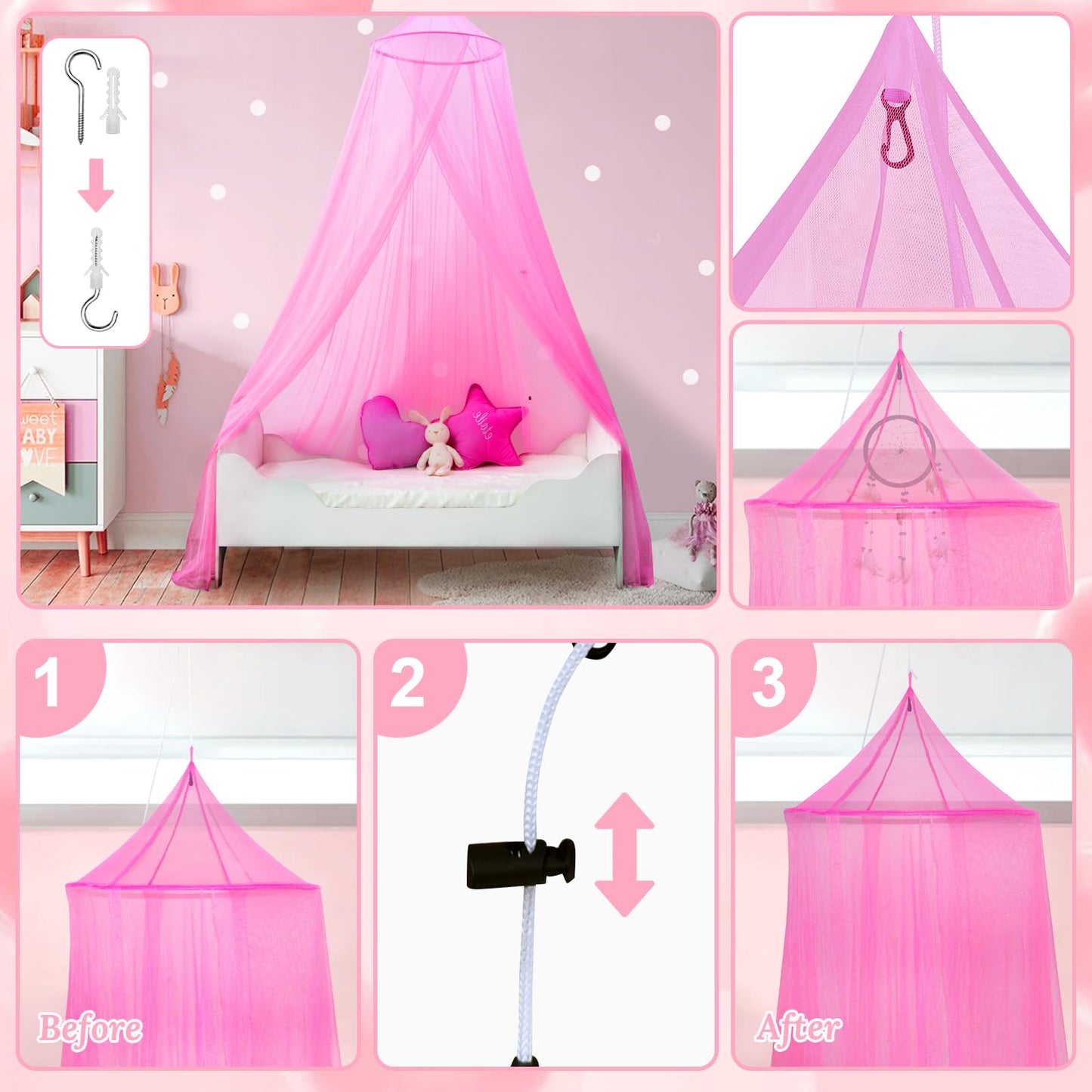 South to East Pink Bed Canopy for Girls, Princess Bed Canopy for Kids Room, Mosquito Net Canopy Girls Beds, Fire Retardant Fabric