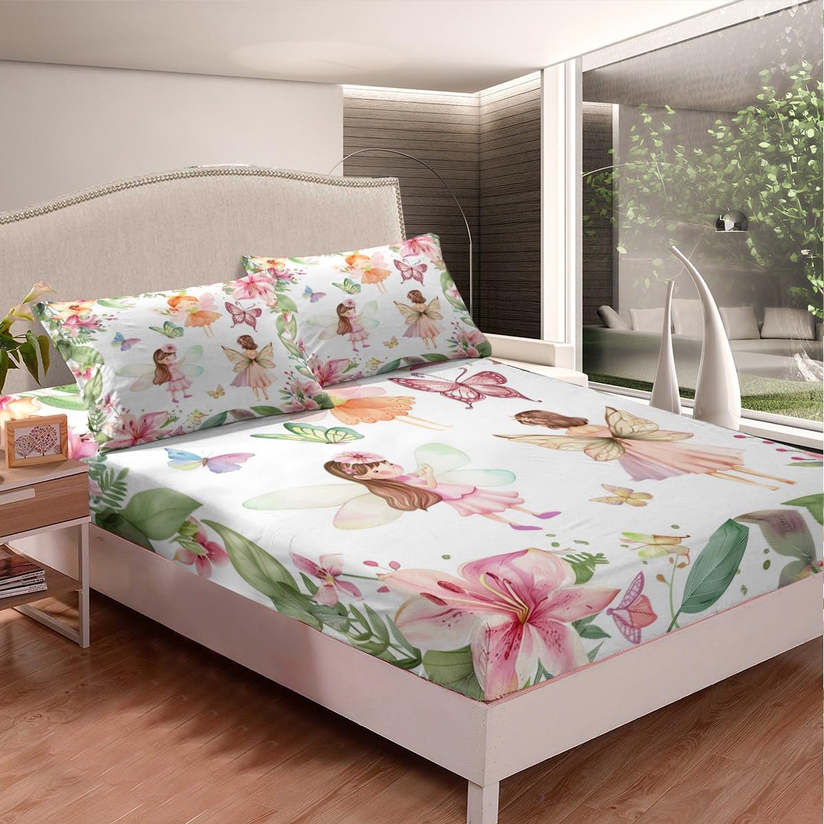Erosebridal Fairy Garden Twin Bedding Set,Pink Floral Butterfly Fitted Sheet for Girls Kids,Dreamy Flower Girly Bed Set,Coquette Flowers Bed Sheets 2Pcs Room Decor (No Flat Sheet)