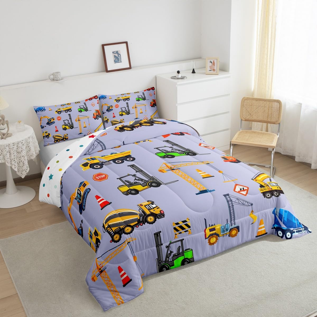 jejeloiu Excavator Comforter Set All Season Cartoon Car Bedding Set with 1 Pillow Cases Equipment Trucks Microfiber Kids Twin Bedclothes Construction Bedroom Decor Duvet Quilt Breathable Soft