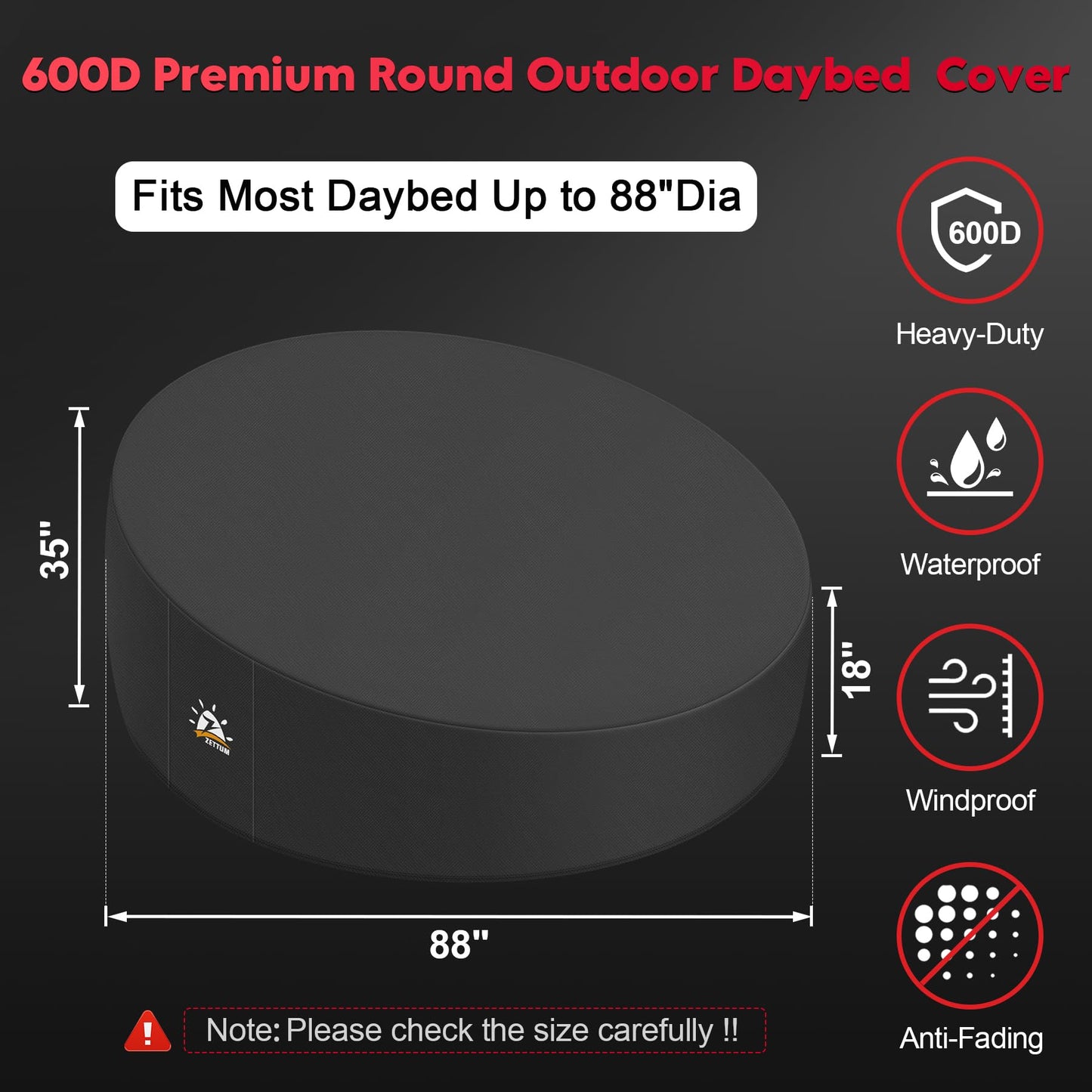 Zettum Outdoor Daybed Cover 88 Inch - 600D Patio Round Sofa Cover Heavy Duty & Waterproof, All Weather Protection Outdoor Furniture Covers for Canopy Daybed Sofa, 88" Dia x 35"/18" H
