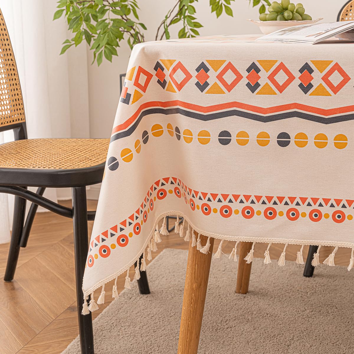 JunWondC Waterproof Bohemian Tablecloth 6-8ft Rectangle Orange Multi Tassel