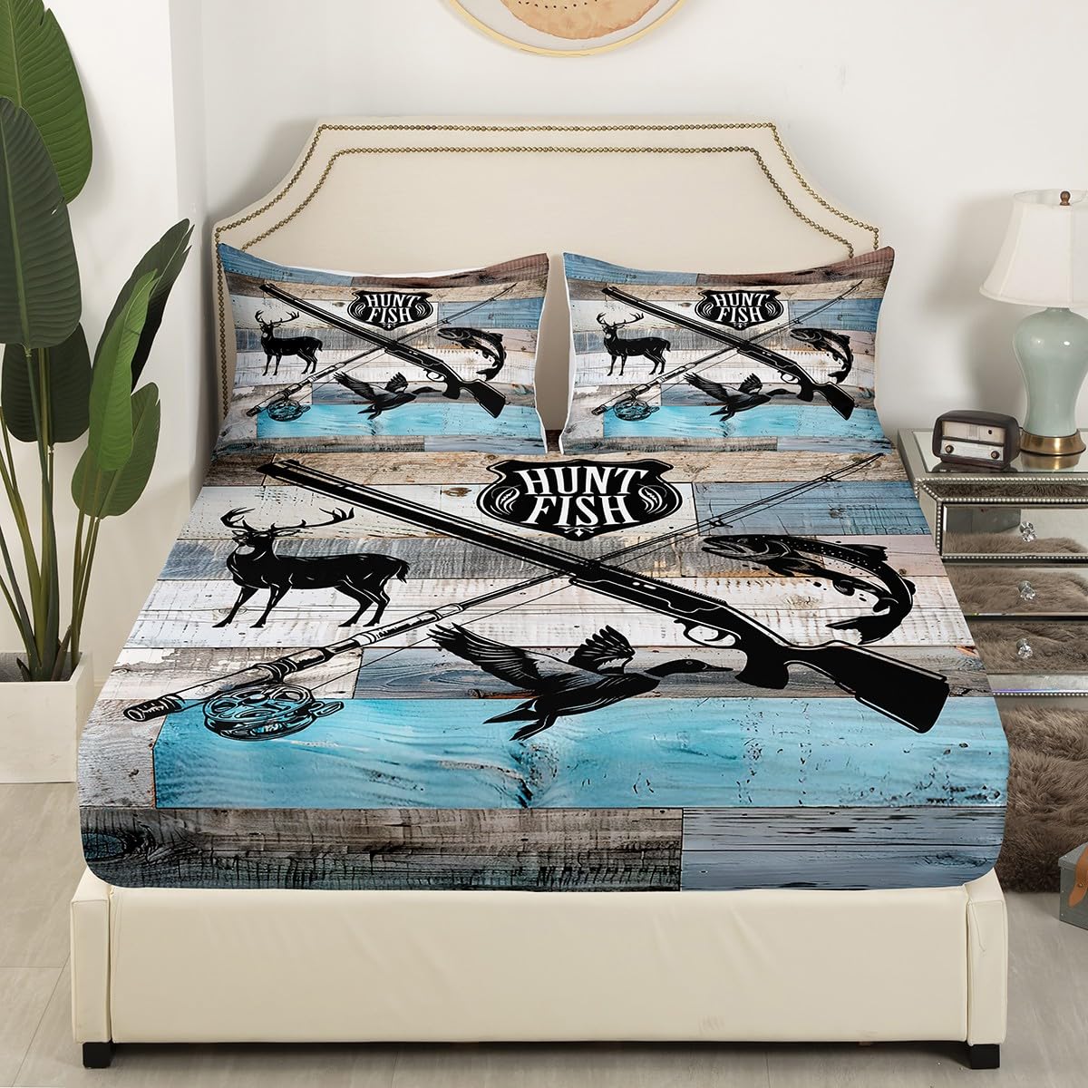 Castle Fairy Kids Hunt Fish Bed Sheets King Size,Deer Bird Fish Animal Hunting,Quality Brushed Microfiber Luxury Bedding SetRustic Retro Wooden Board with 1 Flat,1 Fitted Sheet,2 Pillowcases