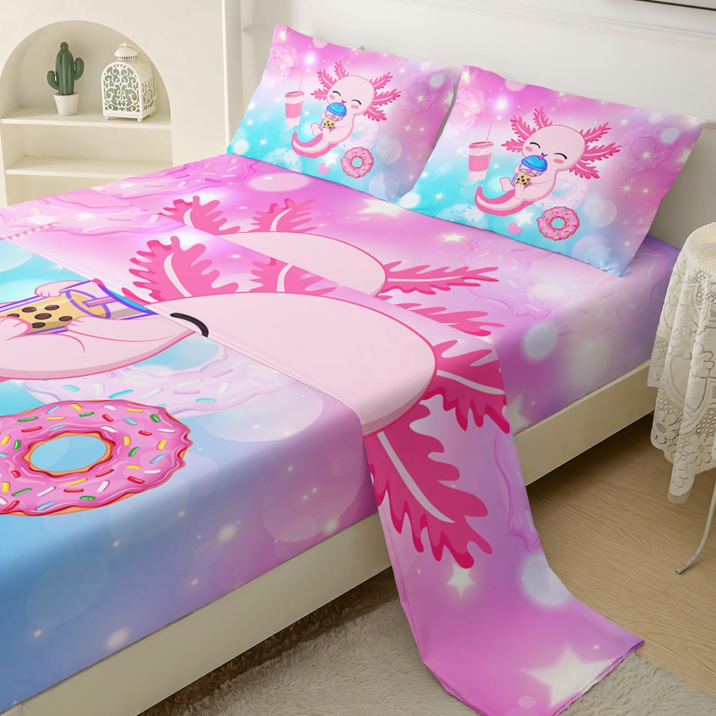 QOOMO Cartoon Pink Axolotl Microfiber Sheets for Children Funny Marine Life Kid Sheets Set Blue Pink Gradient Donut Room Decoration Queen Size 1 Fitted Sheet, 1 Flat Sheet, 2 Pillow Cases