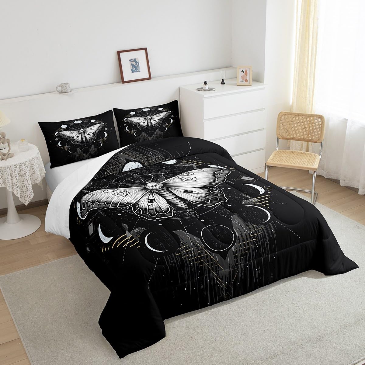 Manfei Death Moth Comforter Set Twin Size Galaxy Sun and Moon Duvet Insert Boho Gothic Skull Bedding Set 2pcs for Kids Boys Teens Room Decor Black and White Quilted Duvet with 1 Pillowcase