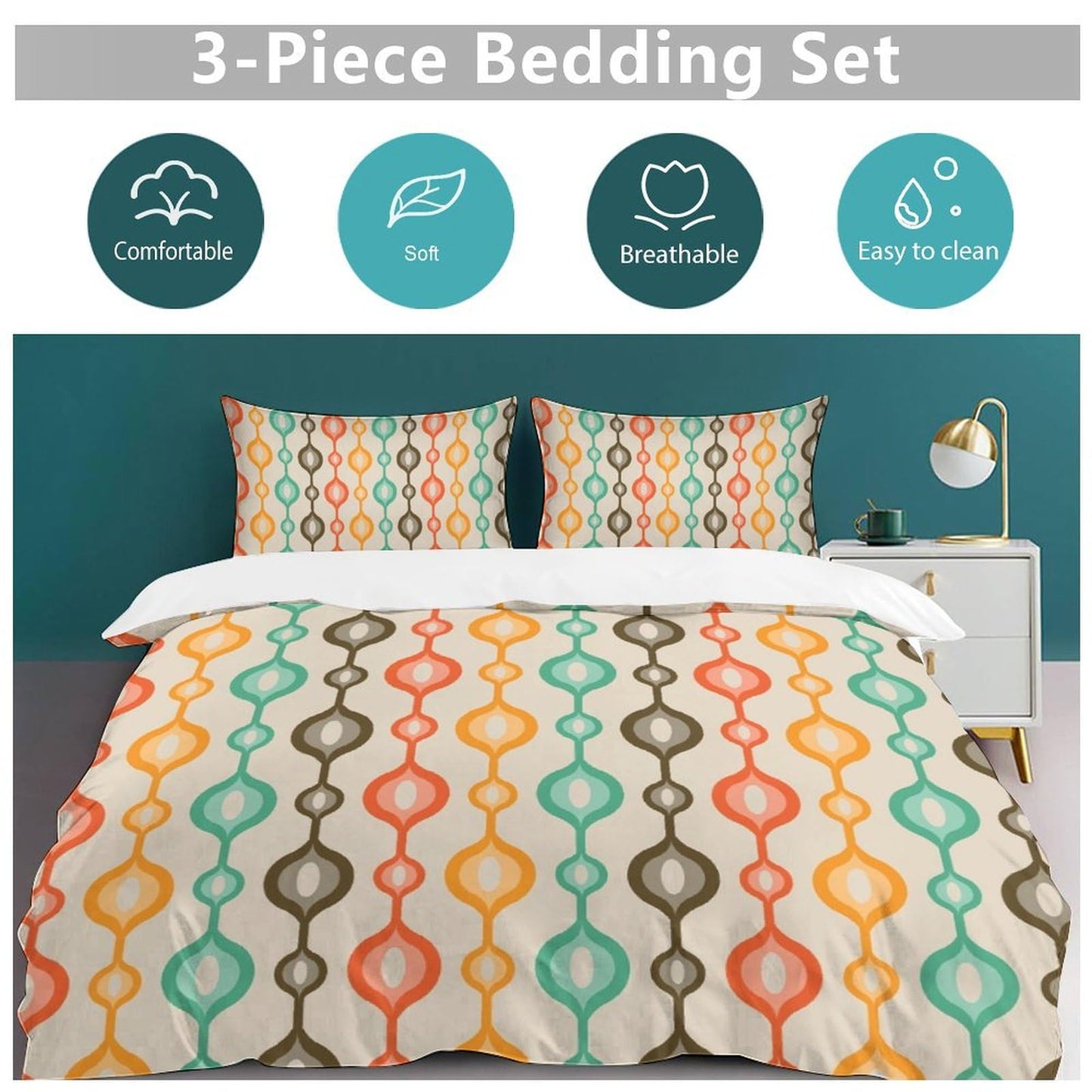 Modern Mid Century Duvet Cover Retro Atomic Bedding Set, Rainbow Grid Comforter Cover Vintage Fifties 1950s Bed Set, Abstract Art Bedding 3 Piece (1 Duvet Cover 86"x70" + 2 Pillow Sham 20"x30")