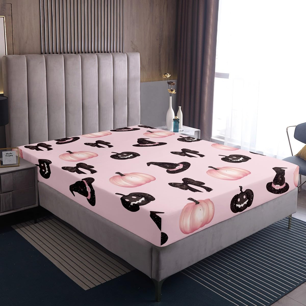 Feelyou Pink Halloween Fitted Sheet Full Size for Kids Boys Girls Black Bowknot Bed Sheets Set 16" Deep Pocket Microfiber Halloween Decor Bedding with 2 Pillowcases Trick or Treat Room Decor
