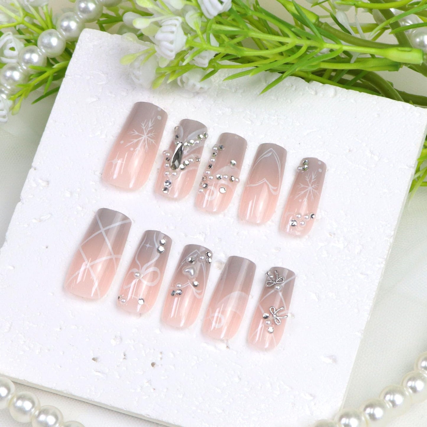 Press on Nails Medium Square Fake Nails with Pearl Rhinestones Bow Snowflake Designs Grey Gradient Nails Press ons Cute False Nails for Women 24Pcs