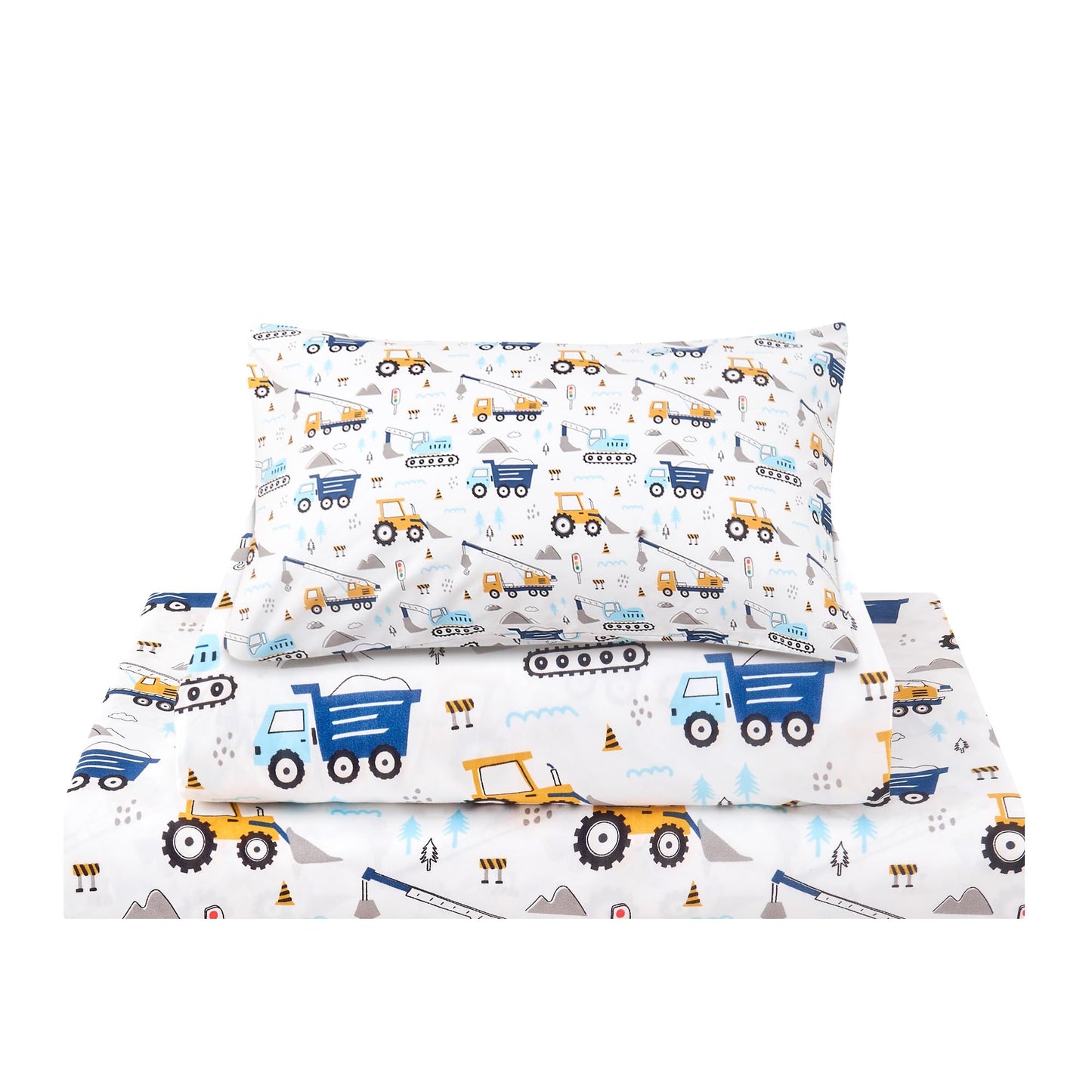 lasoftan Kids Sheet Set Twin Size 3 Pcs, Boys Sheet Set with Blue Excavator Car Pattern，Kids Boys Twin Fitted Sheet，Breathable & Silky Soft Microfiber Fitted Sheet