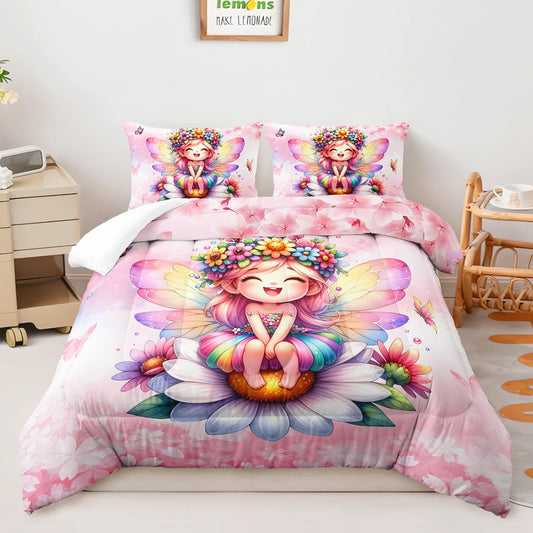 AILONEN Fairy Girls Comforter Set Twin Size,Rainbow Butterfly Pink Flower Kids Bedding Set,Soft Colorful Comforter with 2 Pillowcases,3 Pieces Cherry Blossom Comforter Set